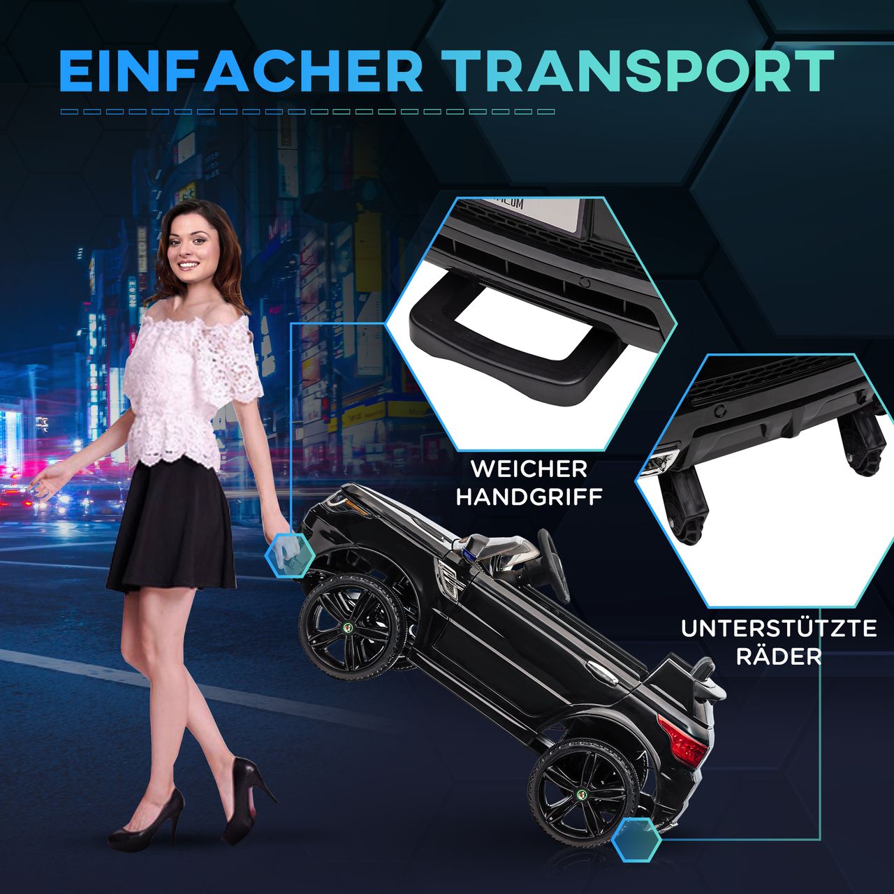HOMCOM Kinder Elektroauto, SUV mit Fernbedienung, Musik, bis 5 km/h, Schwarz