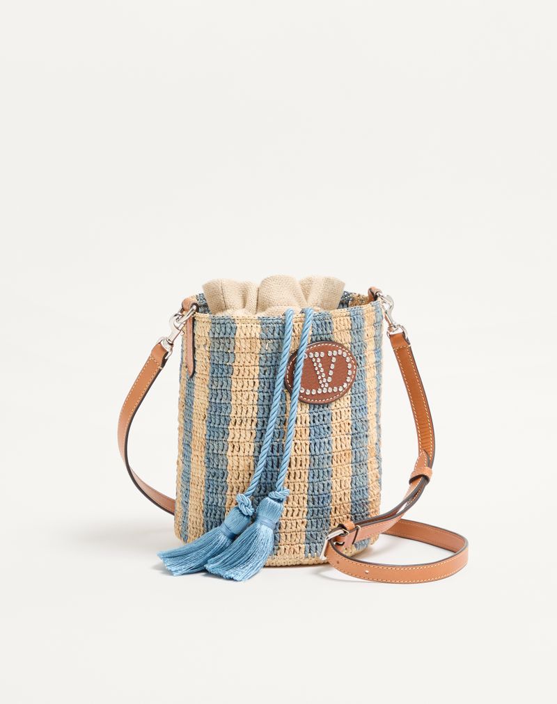 Valentino Garavani lille stribet raffia-buckettaske