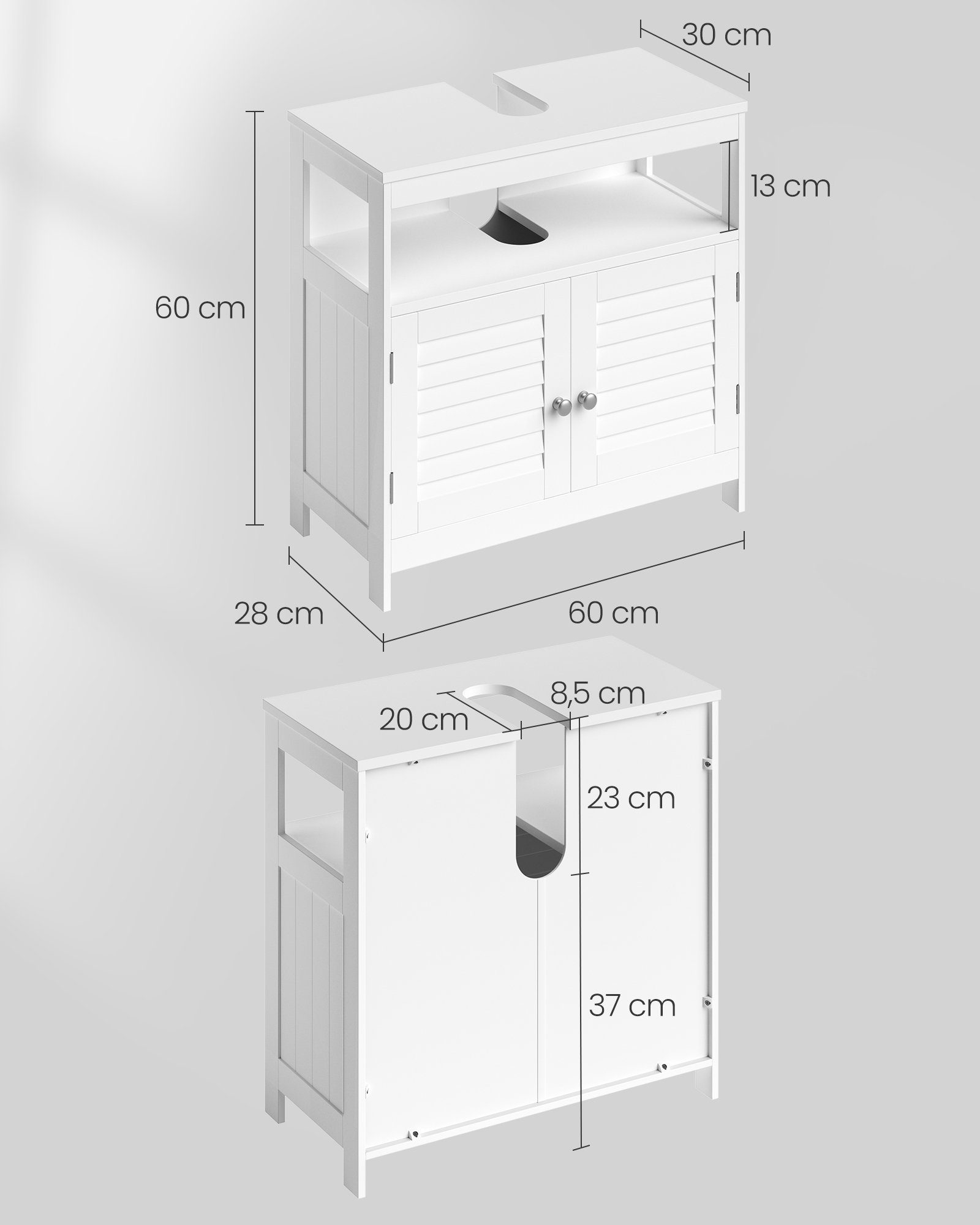 VASAGLE Waschbeckenunterschrank mit Lamellentüren, 2 Fächer, 30 x 60 x 60 cm