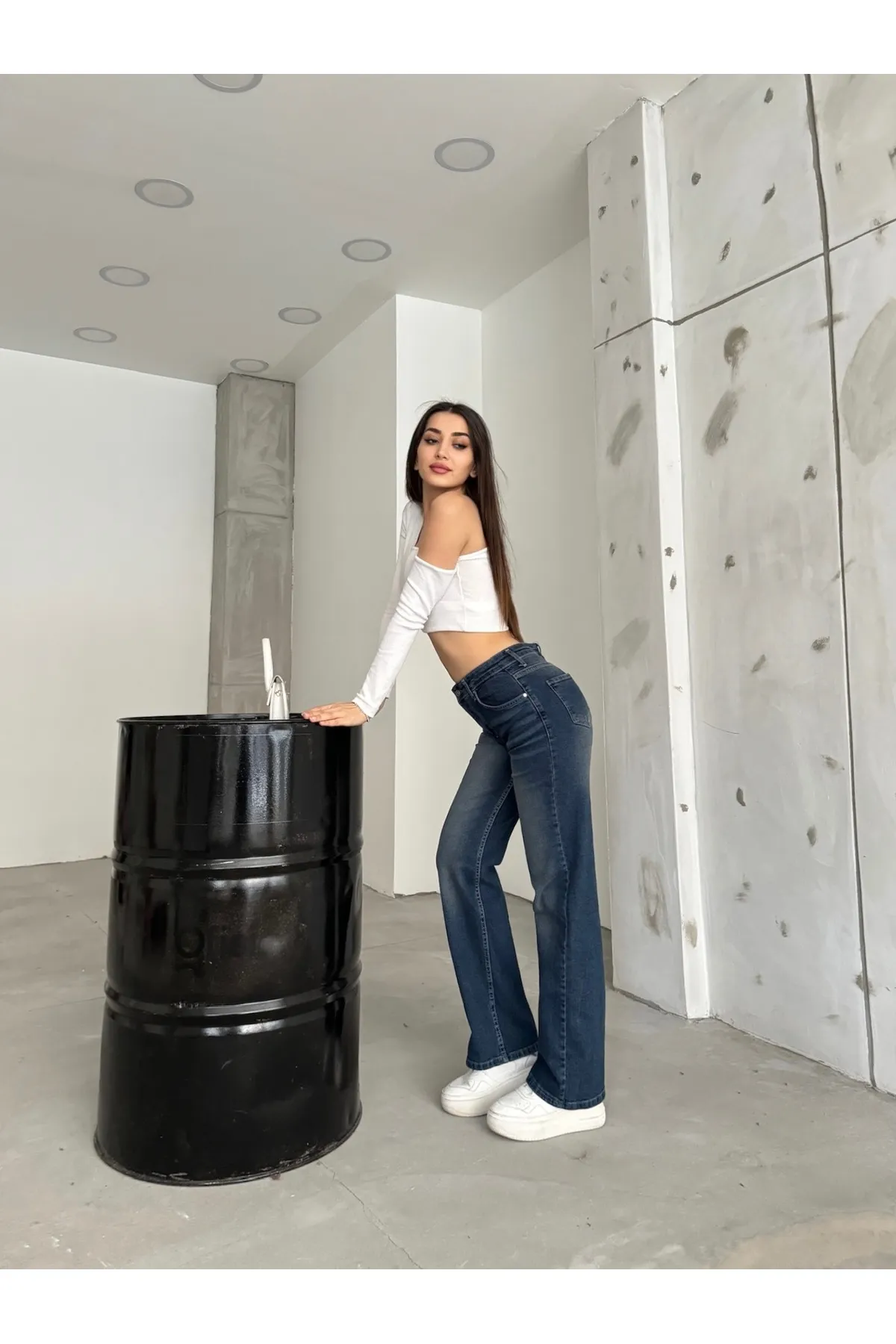 BİKELİFE  Damen Marineblaue, blasse Lycra-Jeans mit hoher Taille und weitem Bein, Salaş Palazzo Jeans