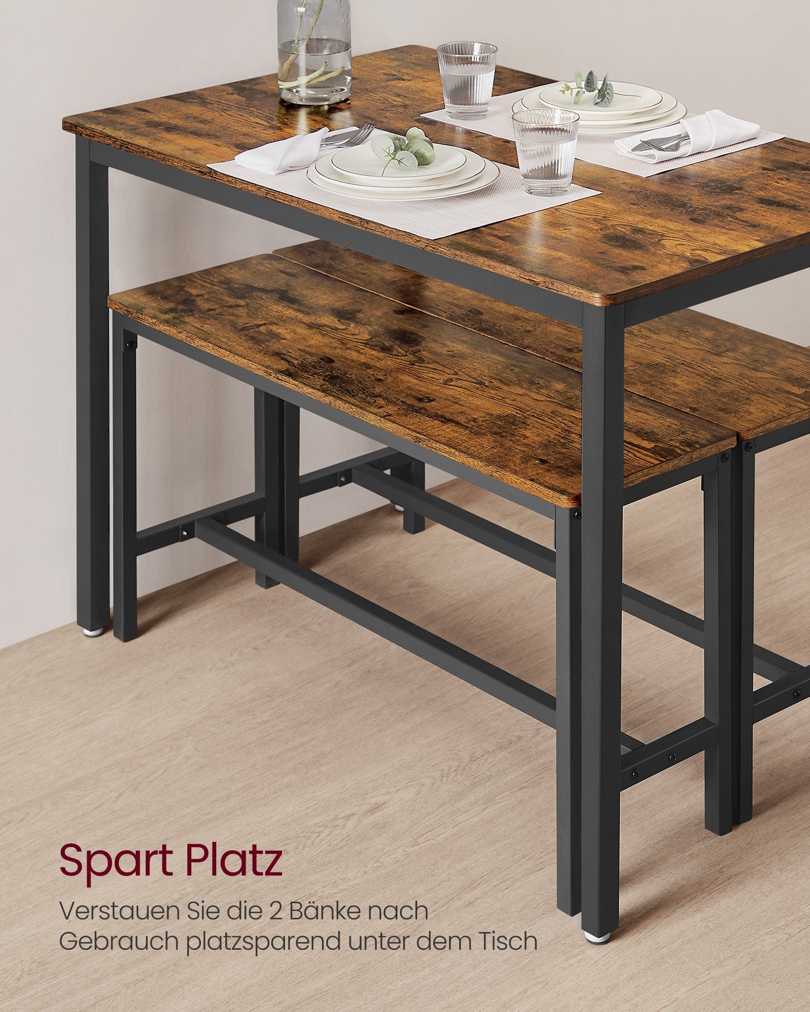 VASAGLE Essgruppe, (Set, 3-tlg), Küchentisch 70 x 110 x 75 cm, 2 Bänke je 30 x 97 x 50 cm