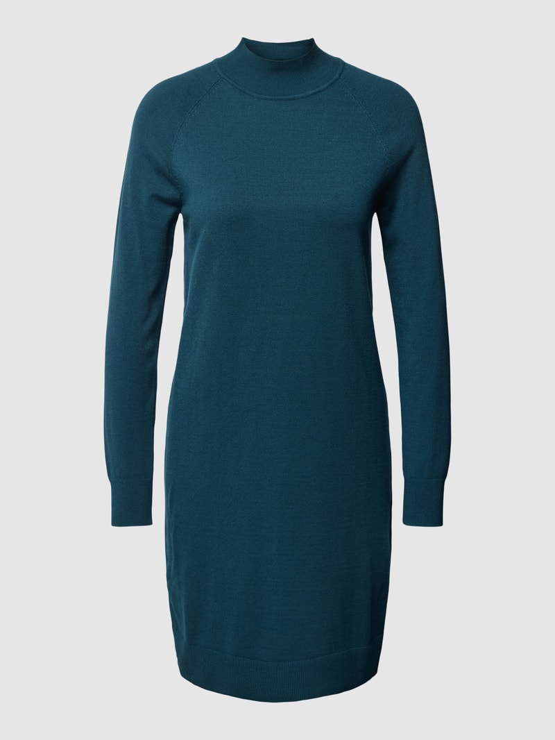 Knielanges Strickkleid mit kleinem Stehkragen in petrol