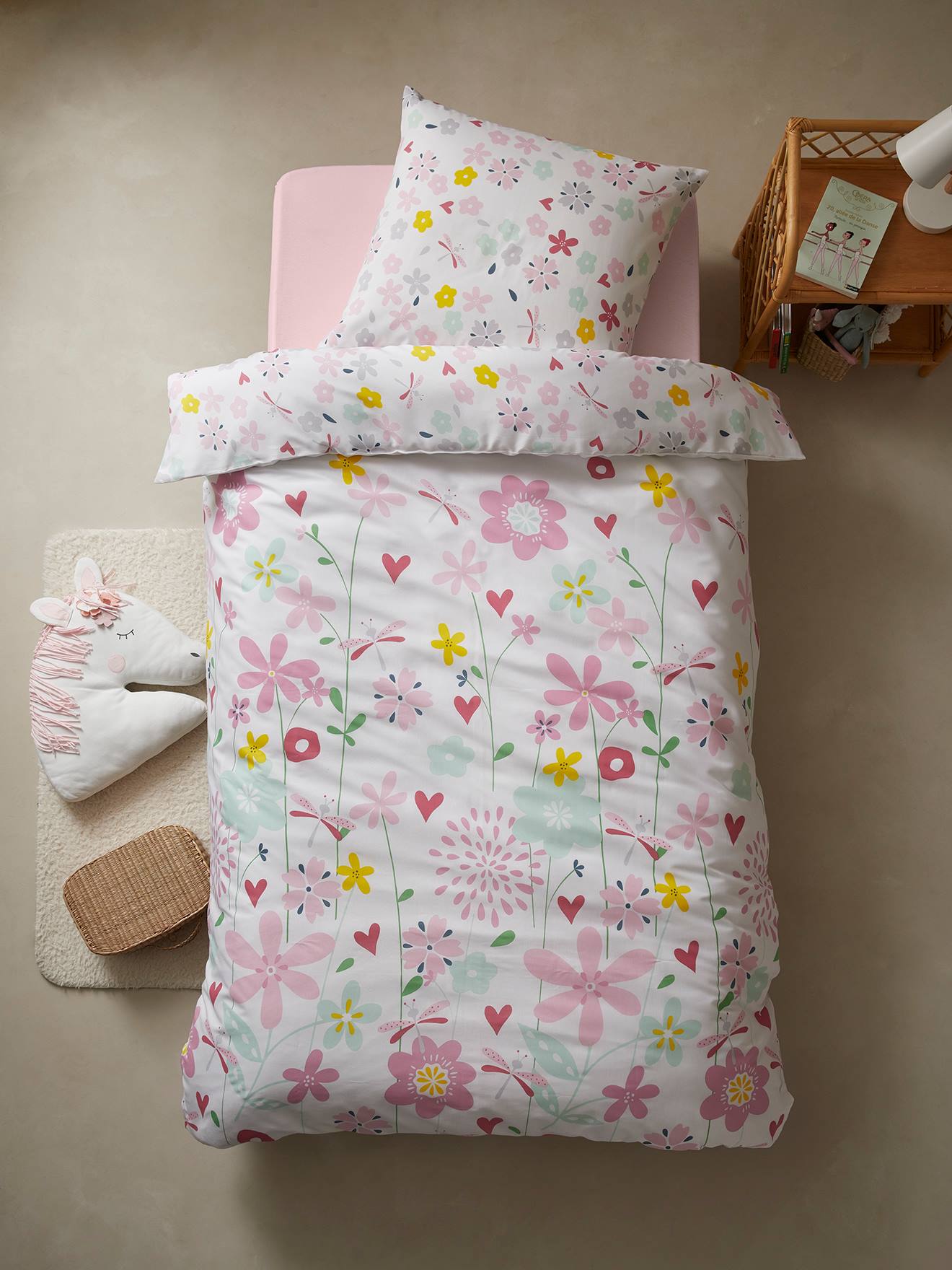 Parure housse de couette + taie d'oreiller enfant polyester et coton FLOR'AILES blanc imprimé