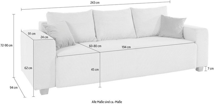 COLLECTION AB Schlafsofa Yves, mit Bettkasten und Bettfunktion, 2 Zierkissen inklusive, in Cord