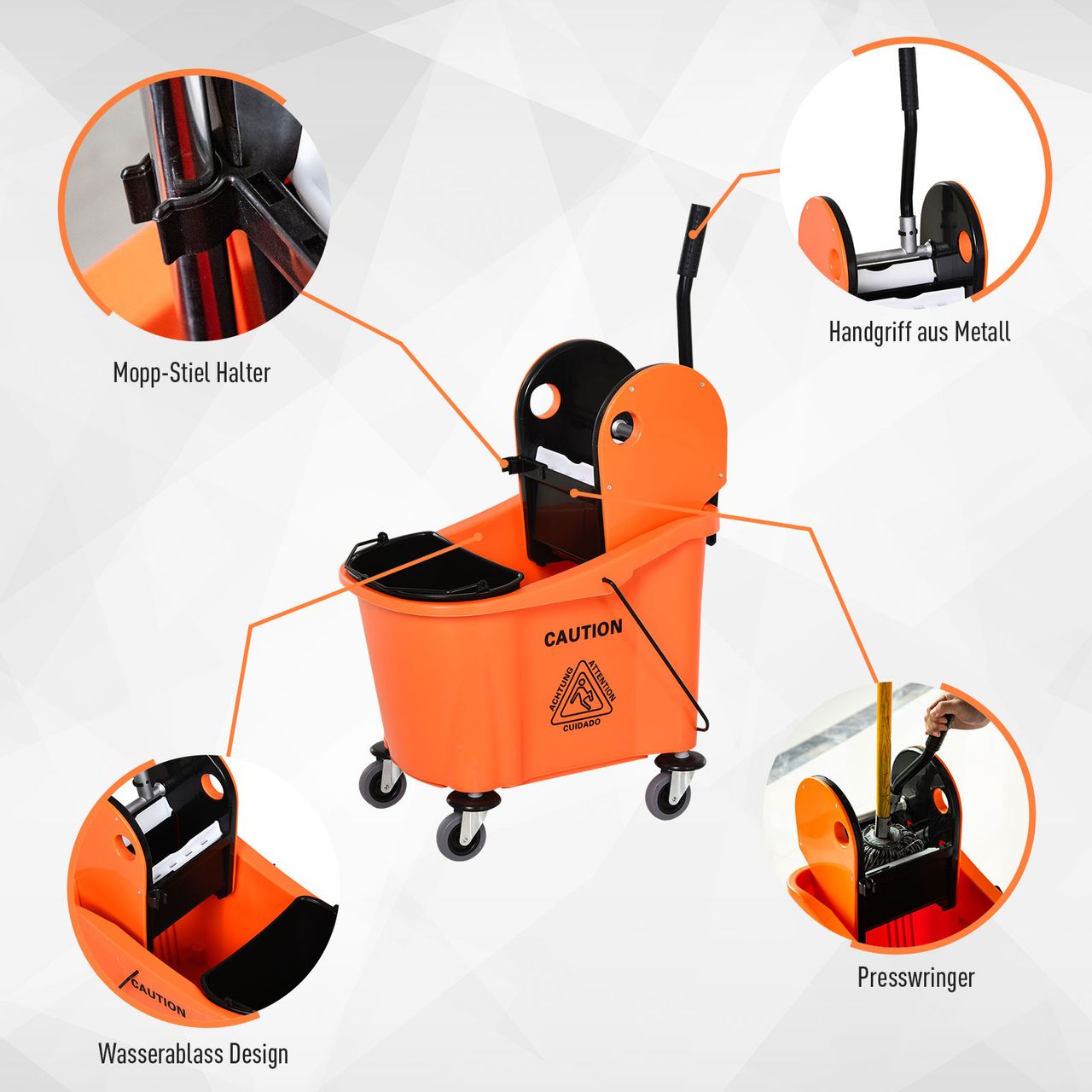 HOMCOM Reinigungswagen Fahreimer Putzeimer Wischwagen mit Auswringvorrichtung 36 Liter, Schwarz Orange, 54 x 41 x 91,5 cm