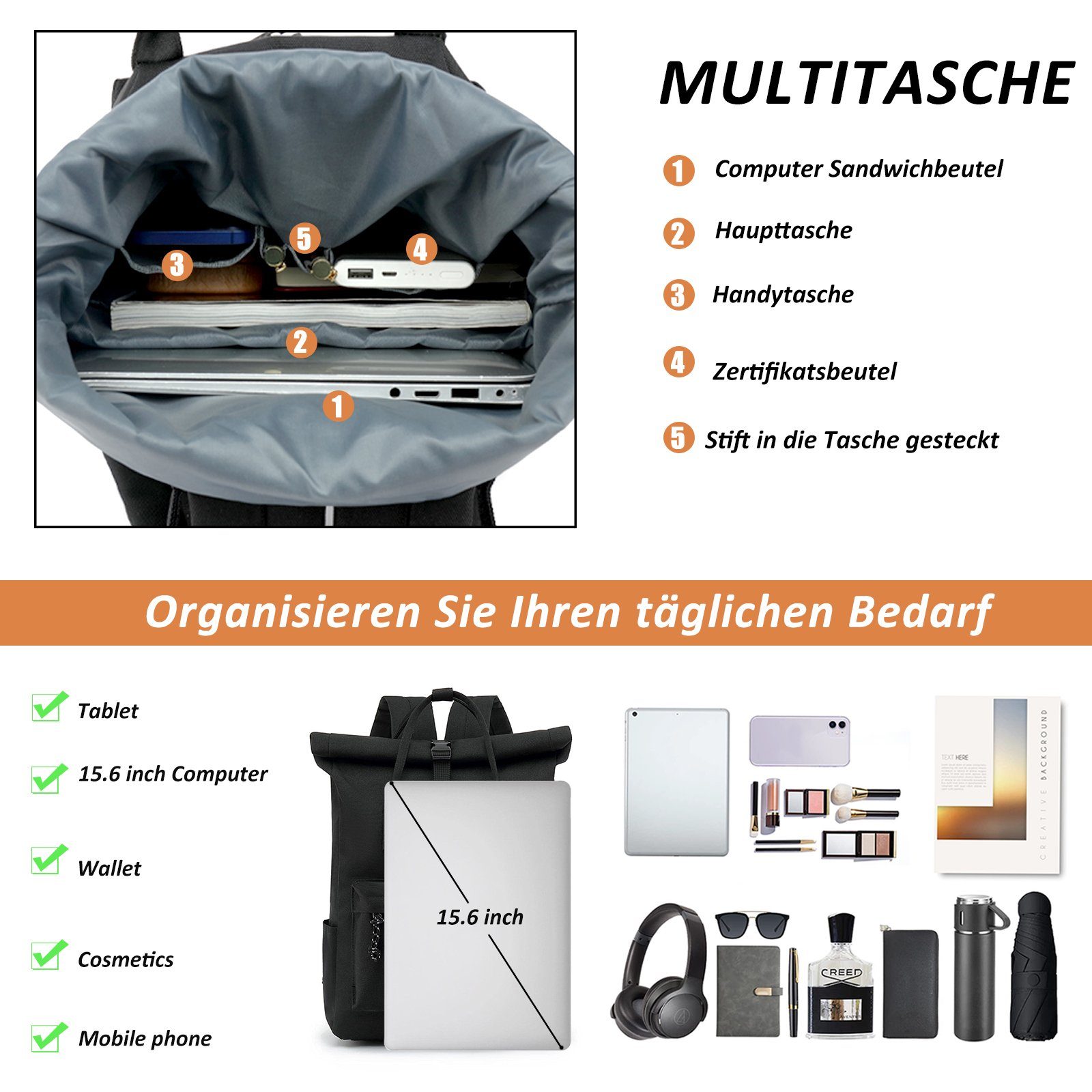 TAN.TOMI Cityrucksack Rucksack Damen Herren Tagesrucksack mit Laptopfach, Modern Rolltop Rucksack Daypack, Wasserdichter