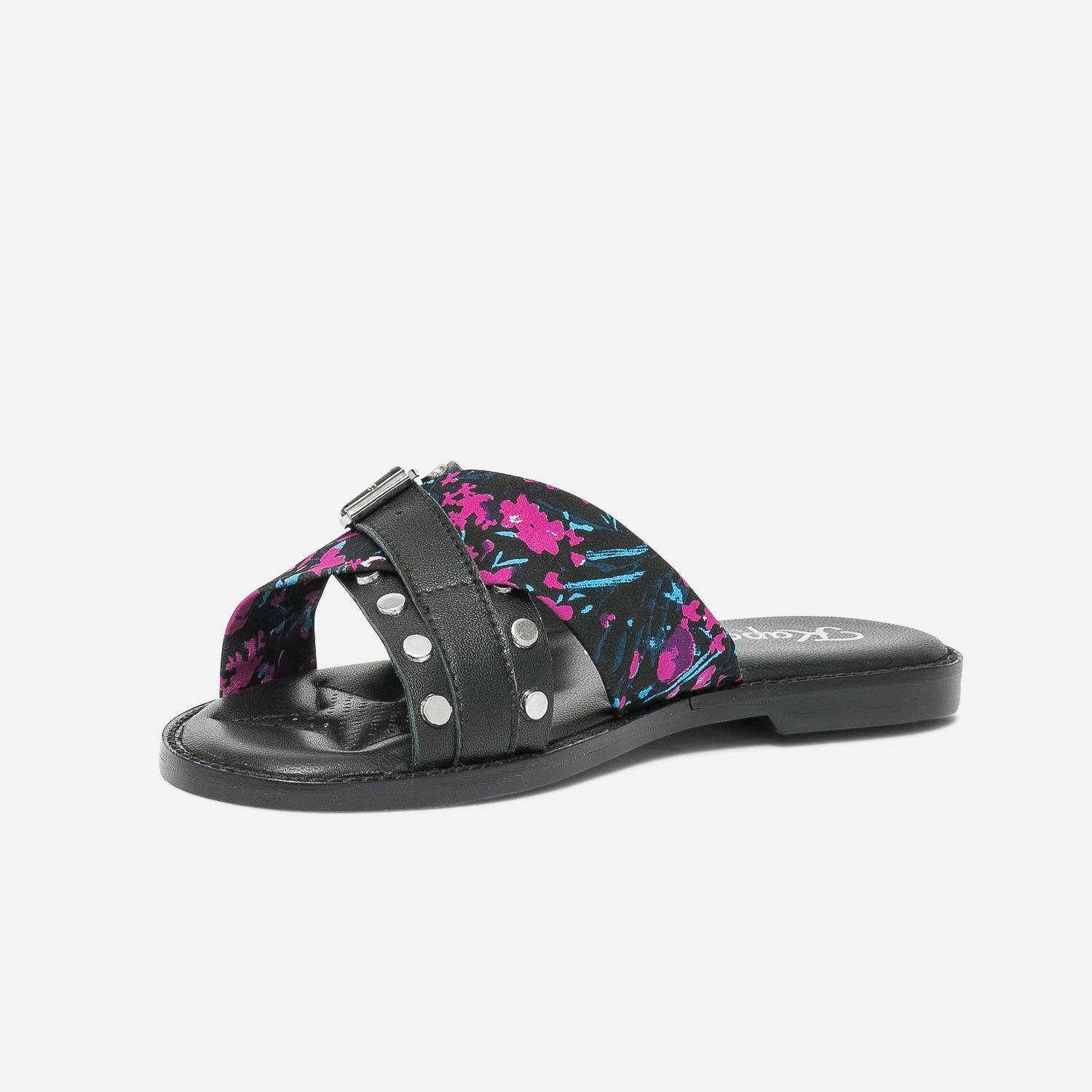 Mule KAPORAL noire en cuir avec imprimé fleurs