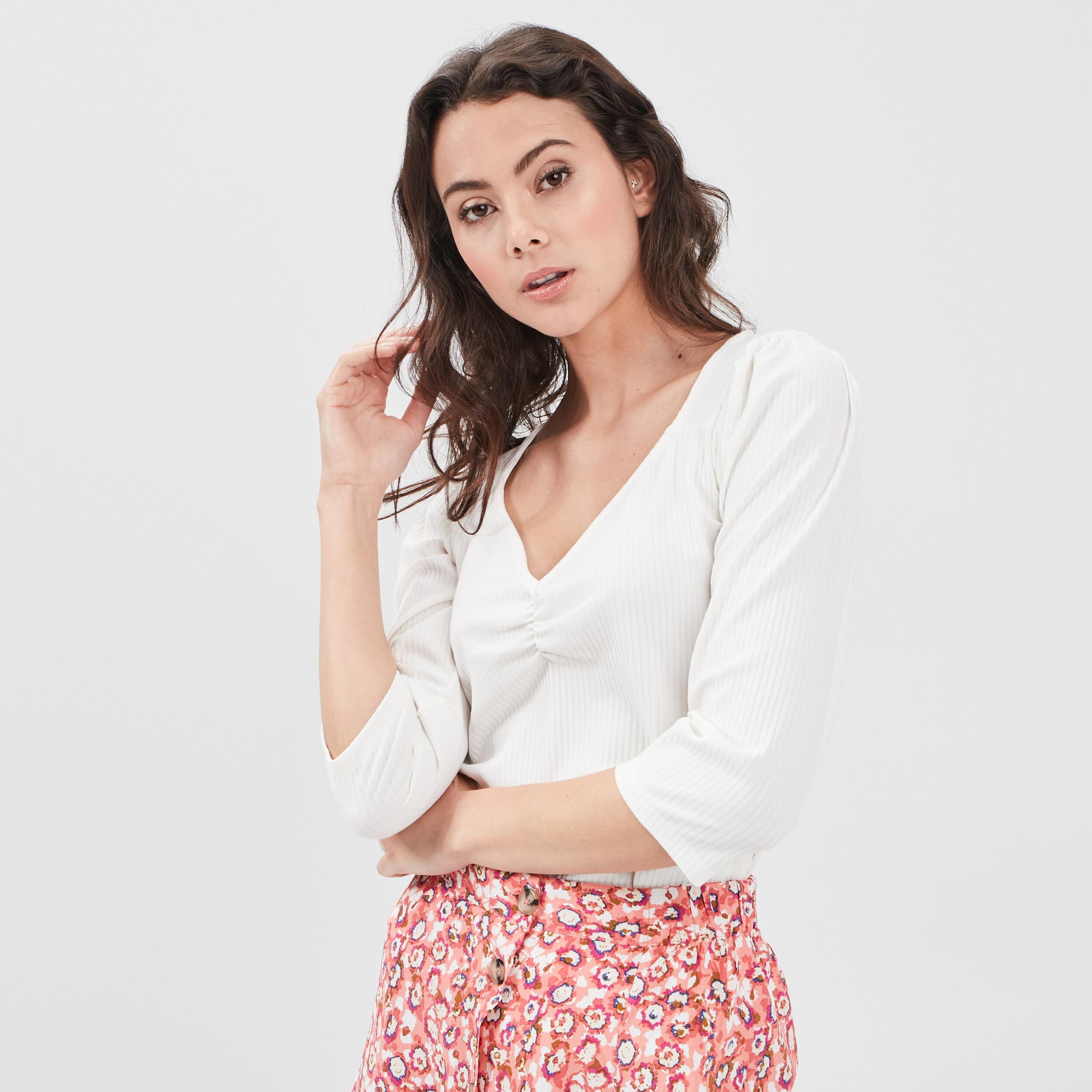 T-shirt manches 3 4 ivoire femme | La Halle
