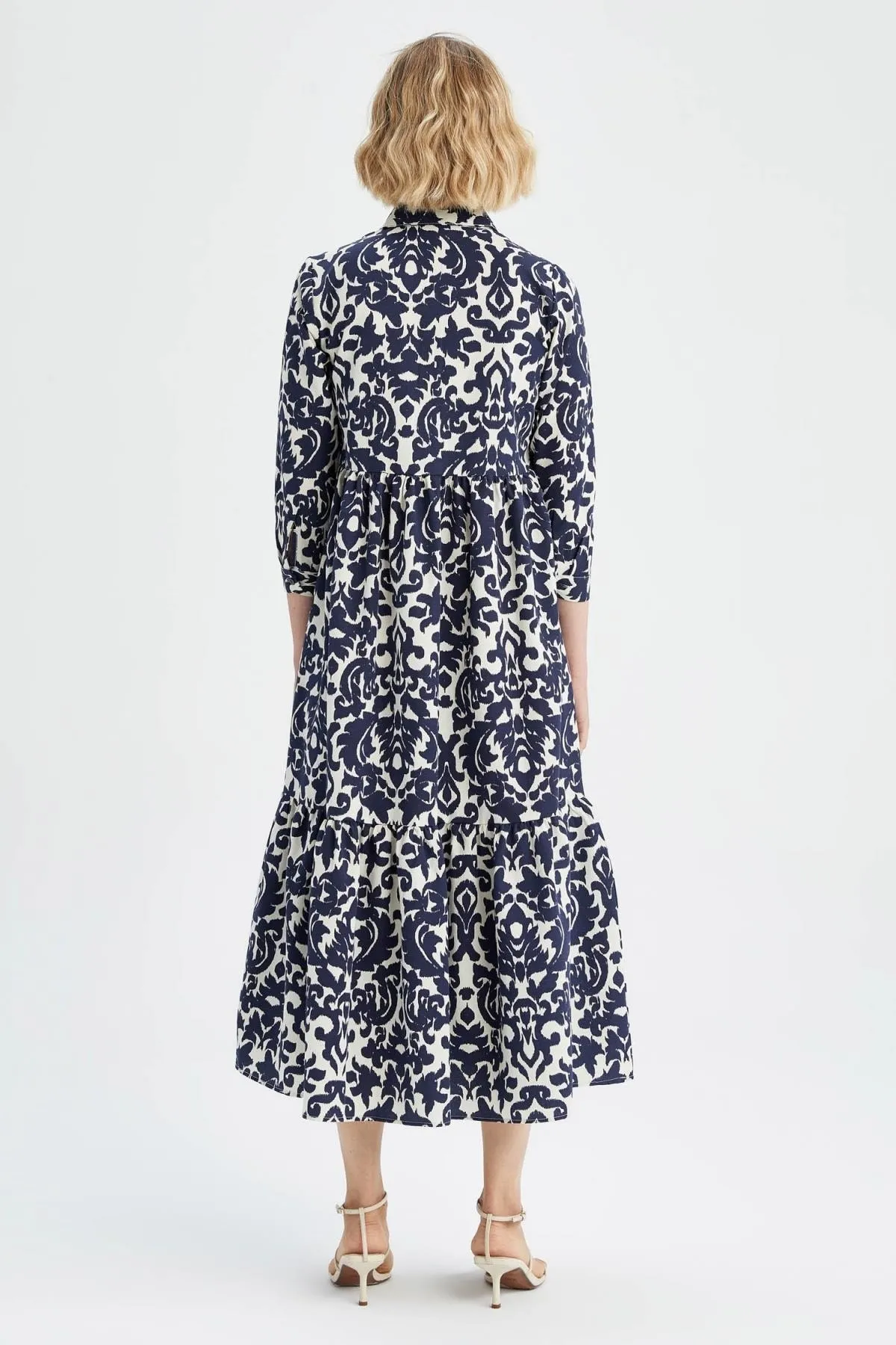 DeFacto  Maxi-Langarmkleid mit Hemdkragen und Retro-Muster