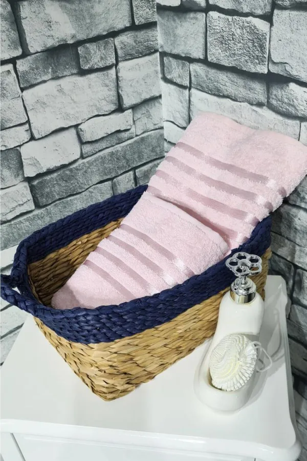 Çeyiz Diyarı  Einfarbiges 2-teiliges Handtuchset aus 100 % Jacquard-Baumwolle, Puder