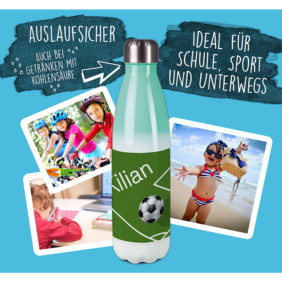 Edelstahl Kinder Thermoflasche / Trinkflasche bunt Fußball Spülmaschinenfest, Auslaufsicher, Bruchfest, Doppelwandig, Für Heißgetränke geeignet, Mit Deckel, Isoliert