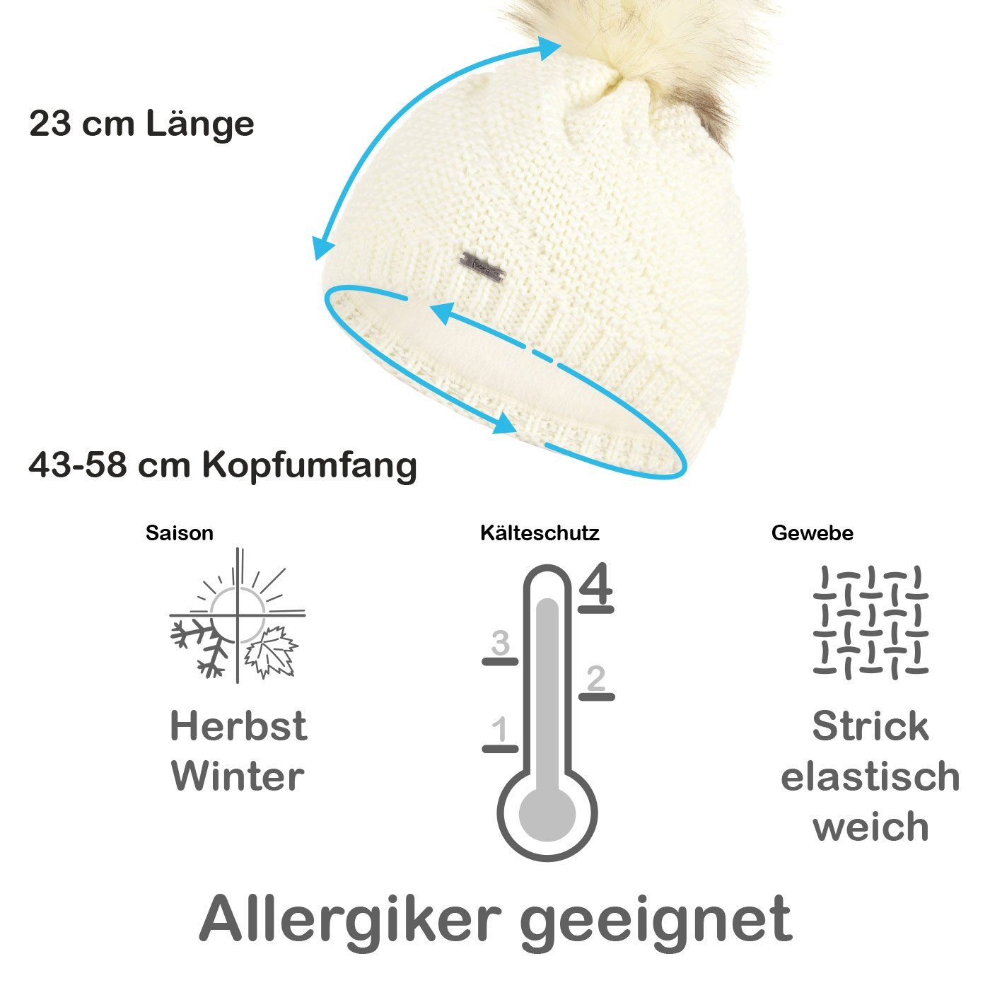 Faera Bommelmütze Wintermütze Damen Mütze Beanie Winter Haube gefüttert Strickmütze