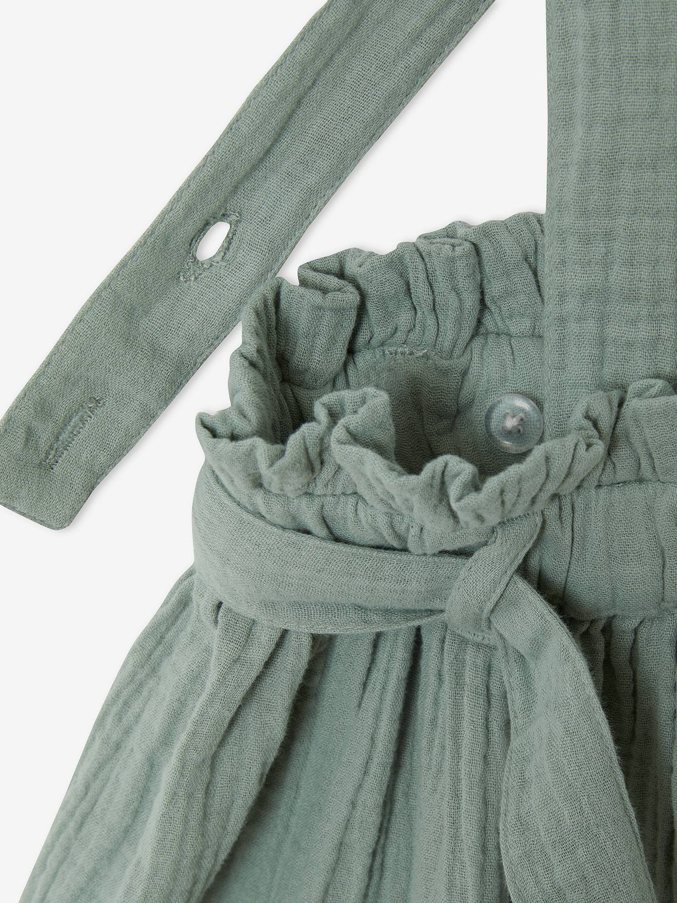 Ensemble fille t-shirt à volants et jupe à bretelles en gaze de coton vert