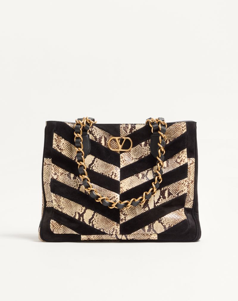 Bolsa Valentino Garavani Laseine Shopping Bag em Python e Camurça com Estampa Chevron