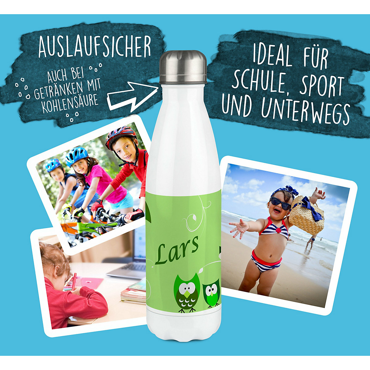 Edelstahl Kinder Thermoflasche / Trinkflasche bunt Eule Farbe grün Spülmaschinenfest, Auslaufsicher, Bruchfest, Doppelwandig, Für Heißgetränke geeignet, Mit Deckel, Isoliert