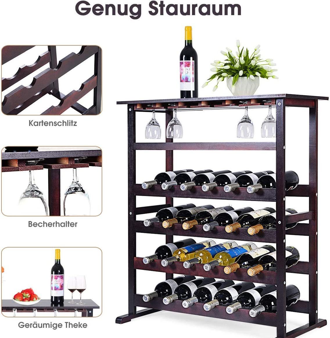 KOMFOTTEU Weinregal Flaschenregal Gläserregal Flaschenständer, aus Holz, für 24 Flaschen