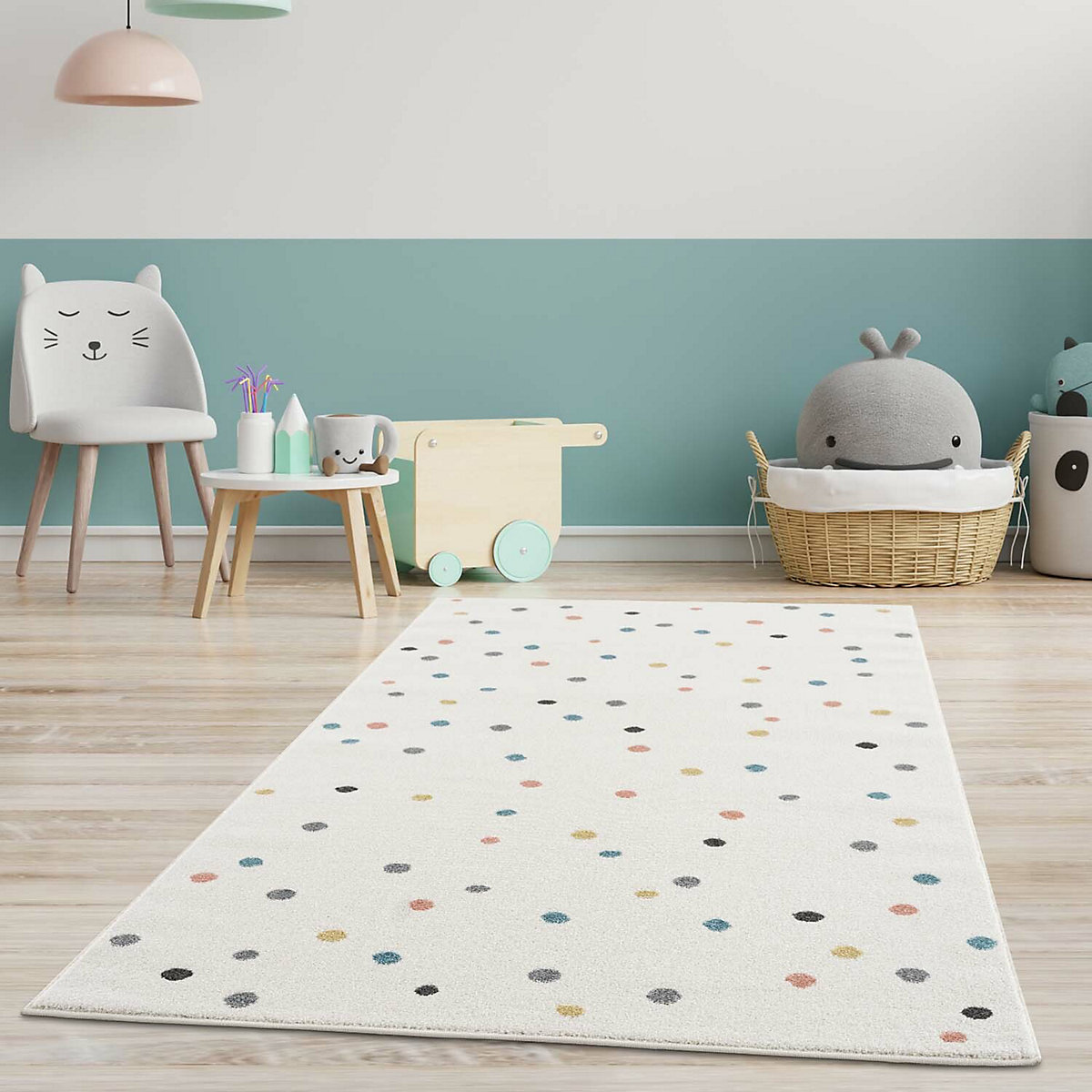 Kinderteppich Creme - Bunt Gepunktet - Kinderzimmer-Teppich Kurzflor
