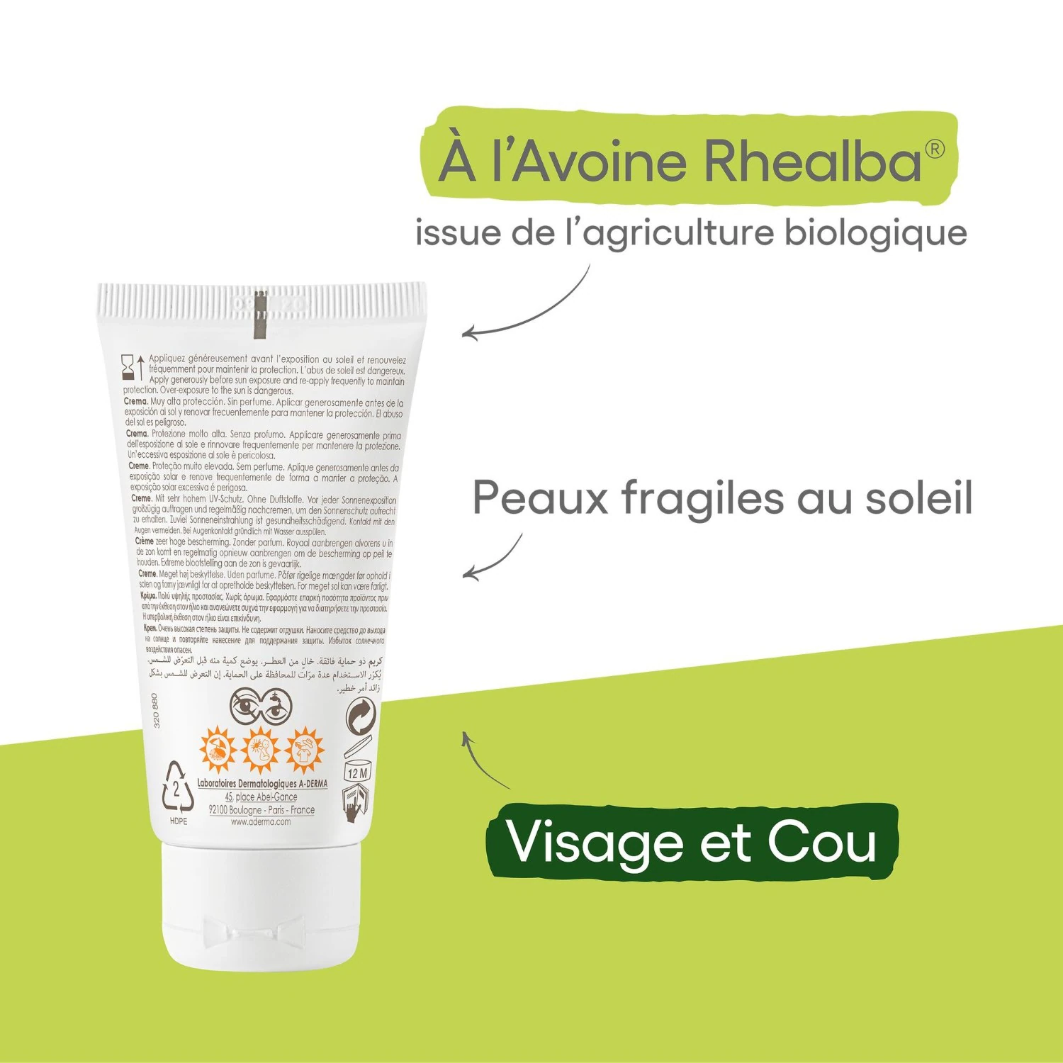 A-DERMA SPF50+ Crema solare per il viso senza profumo