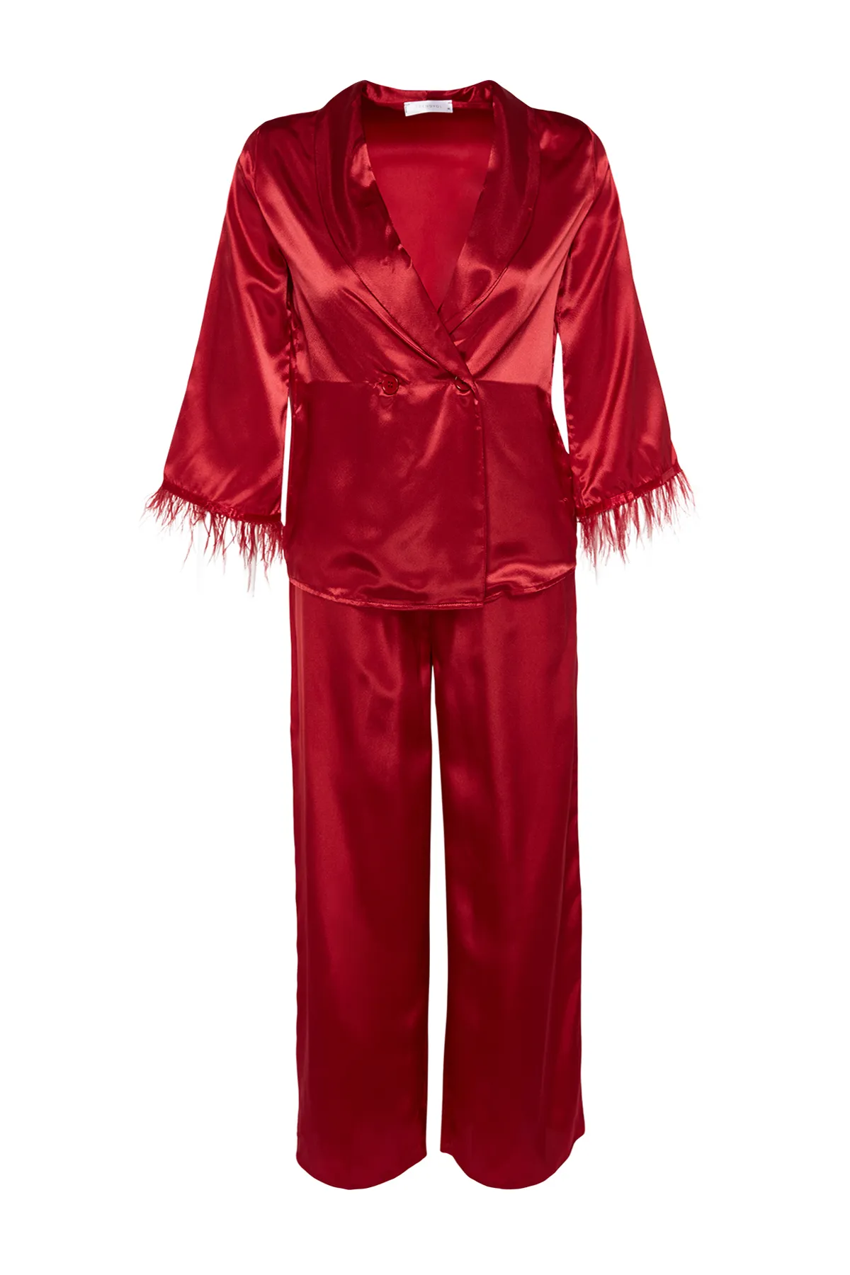 Trendyol Collection  Burgunderrotes Pyjama-Set aus Satin mit Hemd und Hose und Federdetail THMAW23PT00086