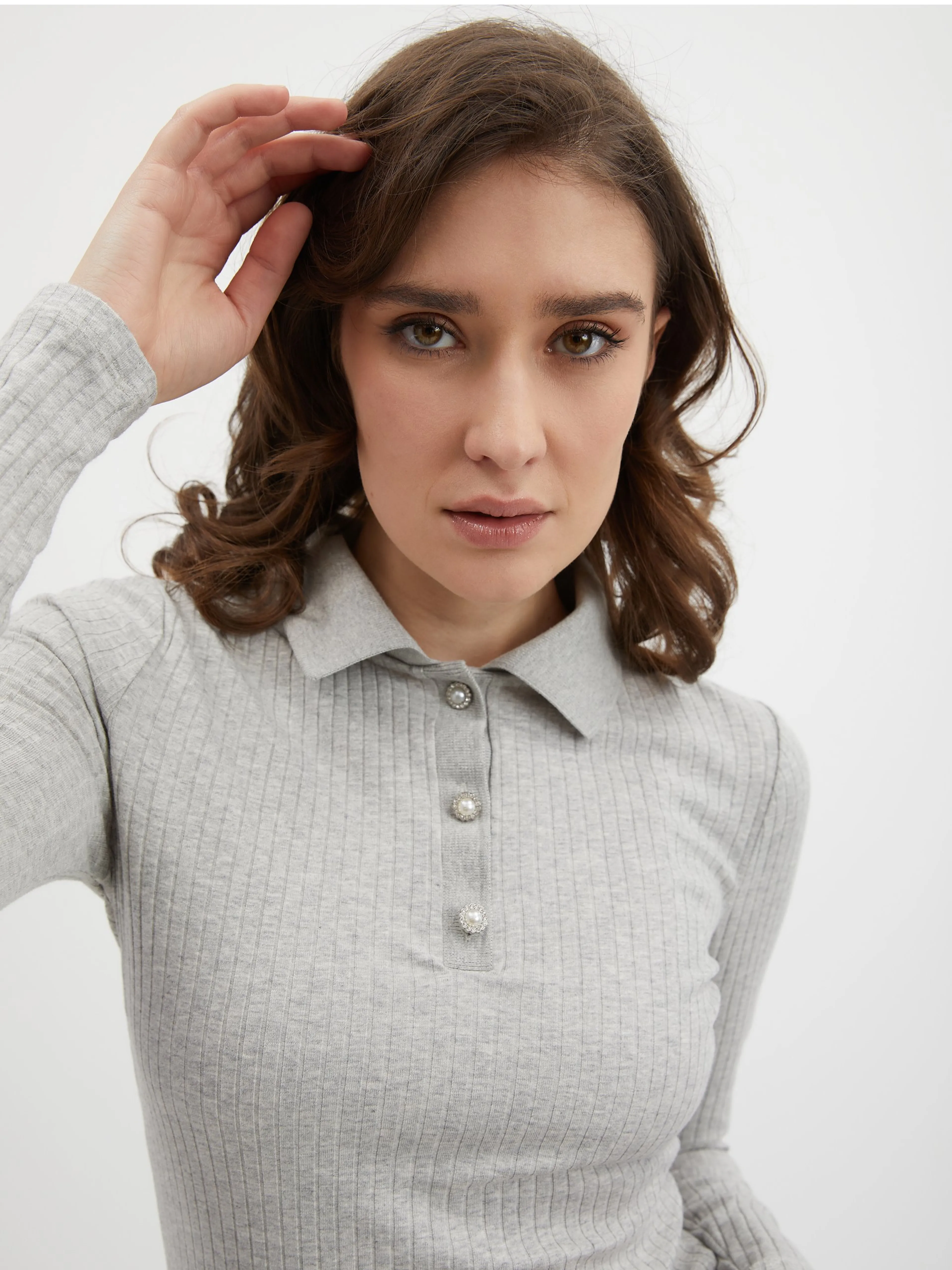Hellgrau gestreiftes Damen-Poloshirt ORSAY