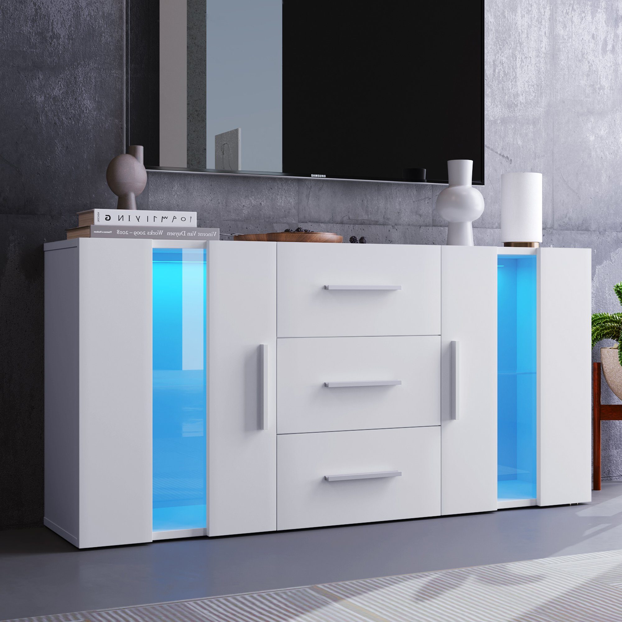 Merax Sideboard mit LED-Beleuchtung inkl. Fernbedienung, Kommode mit 2 Türen und 3 Schubladen, TV-Board, Anrichte, B:140cm