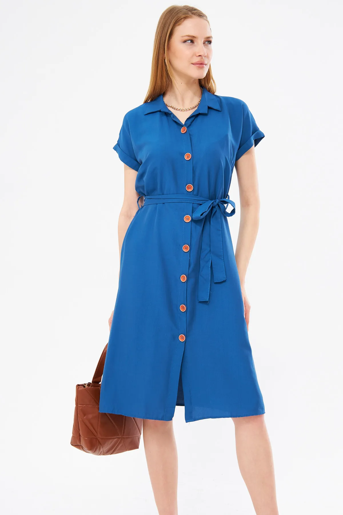 armonika  Dunkelblaues Kurzarm-Hemdkleid mit Gürtel für Damen ARM-19Y001068