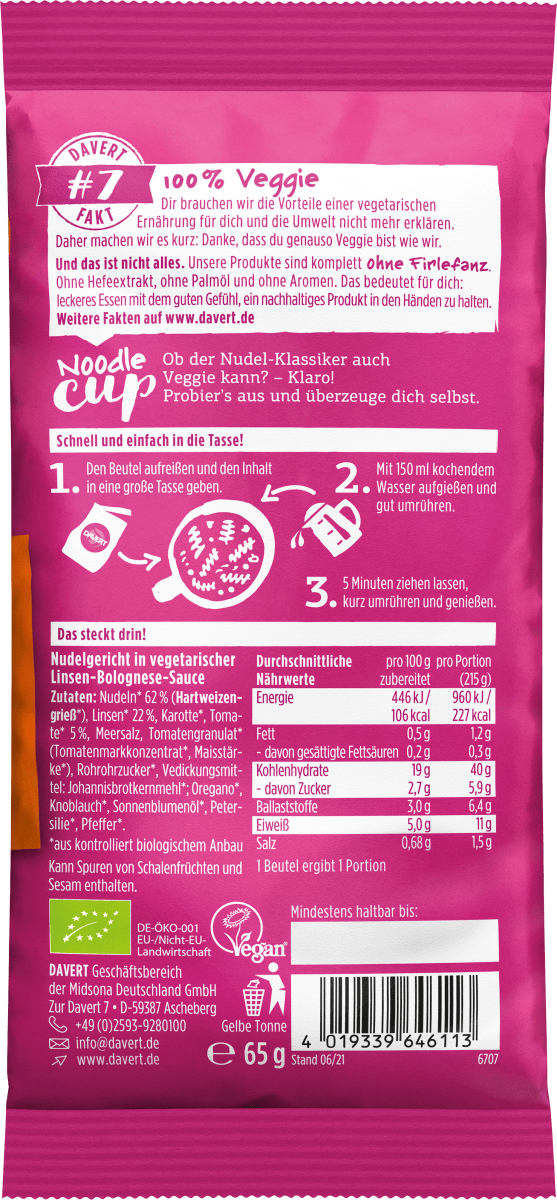 Fertiggericht, Noodle Cup mit Linsen Bolognese, 65 g
