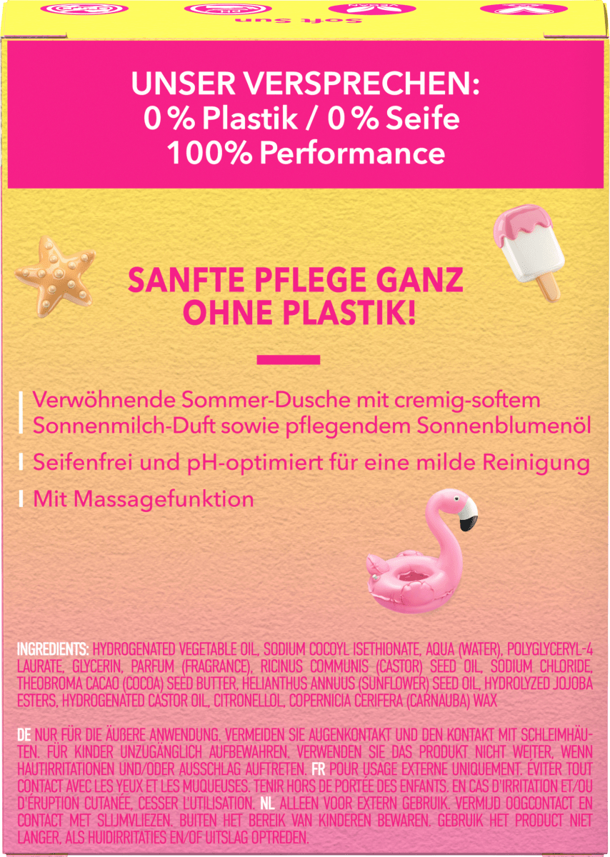 Festes Duschgel Sommer-Dusche, Sonnenmilchduft & Sonnenblumenöl, 80 g