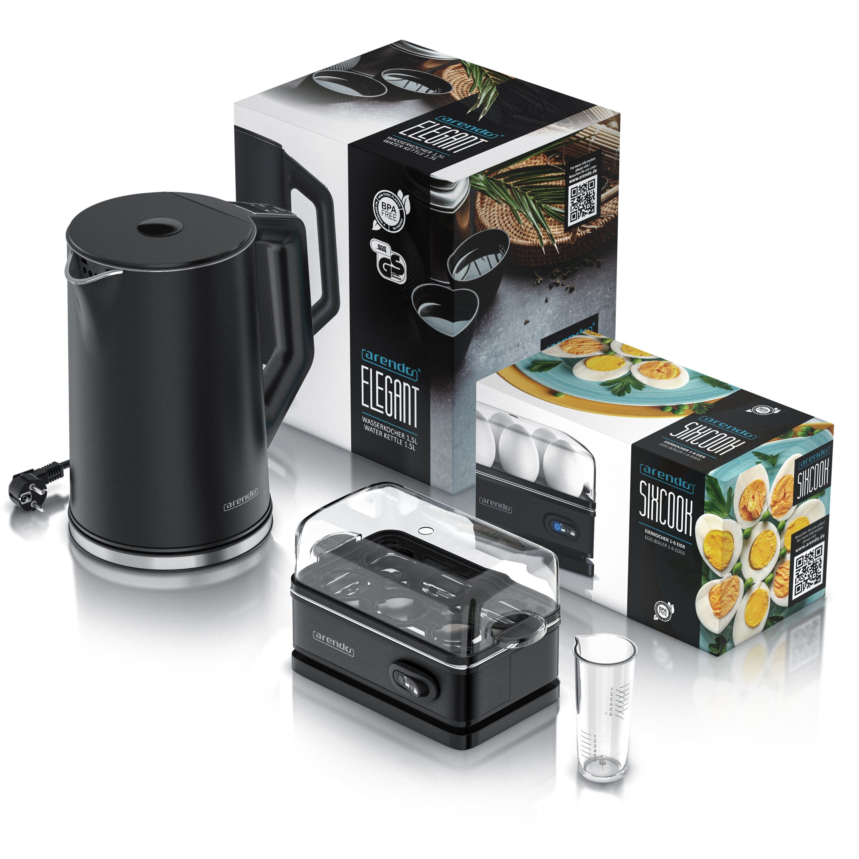 Arendo Frühstücks-Set (2-tlg), Edelstahl Wasserkocher 1,5l, 6er Eierkocher, Schwarz