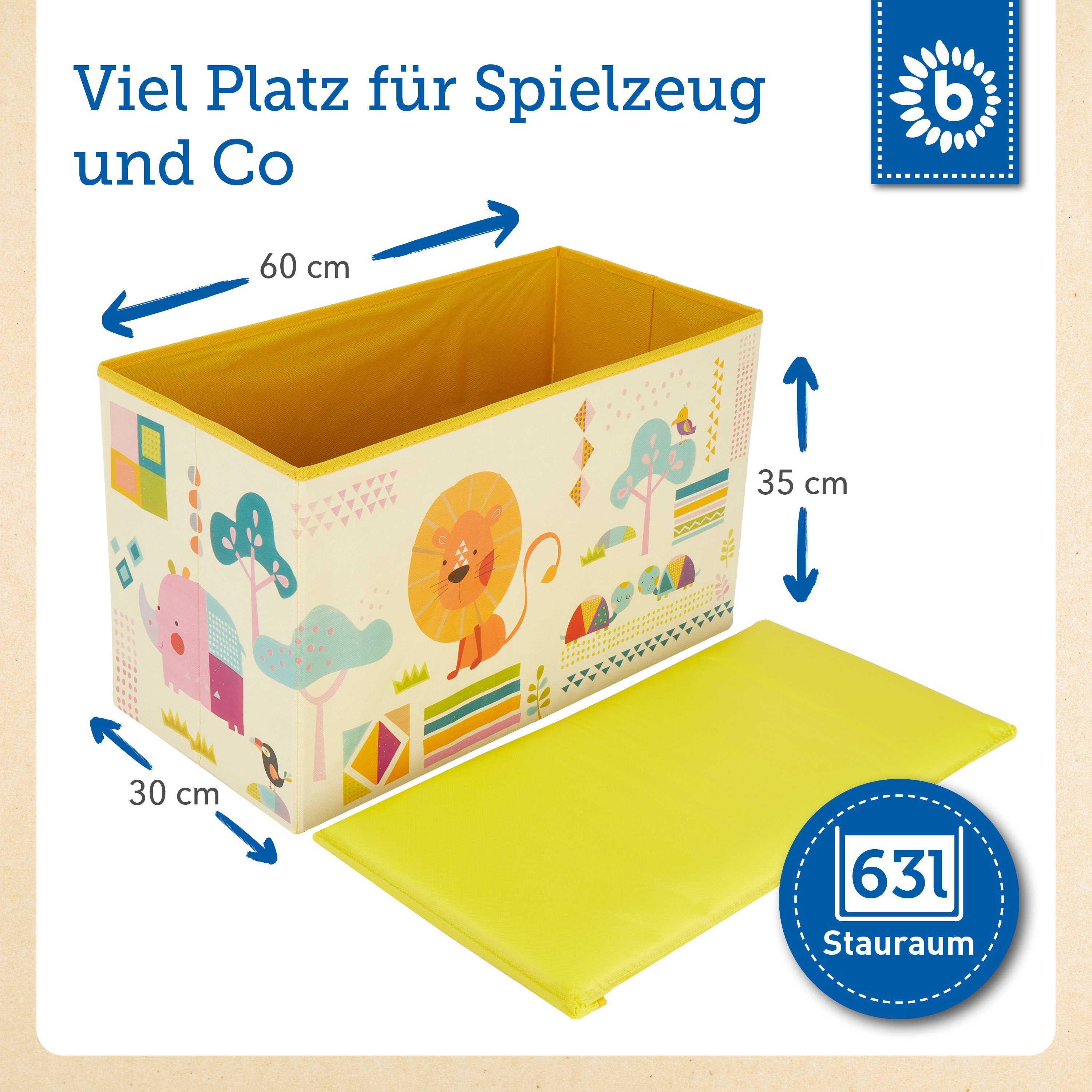 BIECO Spielzeugtruhe Bieco Aufbewahrungsbox mit Deckel 60L, faltbar ca. 60x30x35cm Spielzeugkiste mit Deckel Aufbewahrungsbox Kinder Kisten mit Deckel Aufbewahrungsbox Groß Wickeltisch Organizer Zoo Motiv