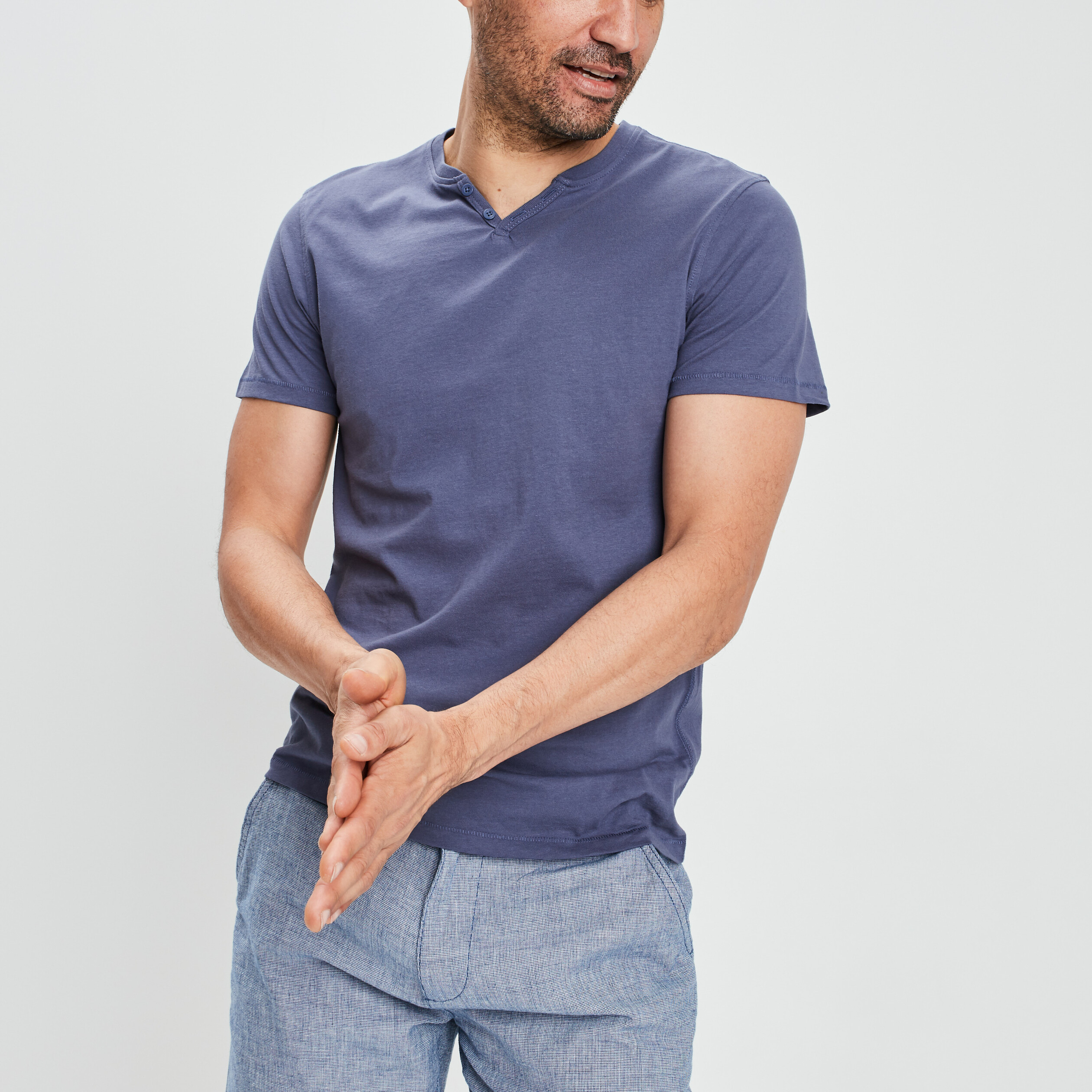 T-shirt manches courtes col tunisien bleu homme | La Halle