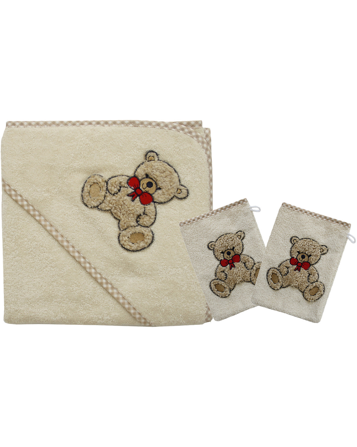 Set Kapuzenbadetuch mit 2 Waschlappen, Teddy II natur, 80 x 80 cm