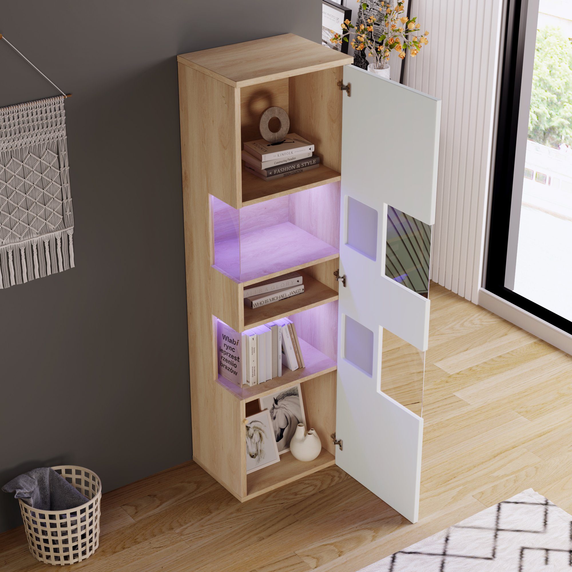 REDOM Vitrine (155 x 52 x 40 cm) Ausreichend Stauraum, mit LED-Beleuchtung