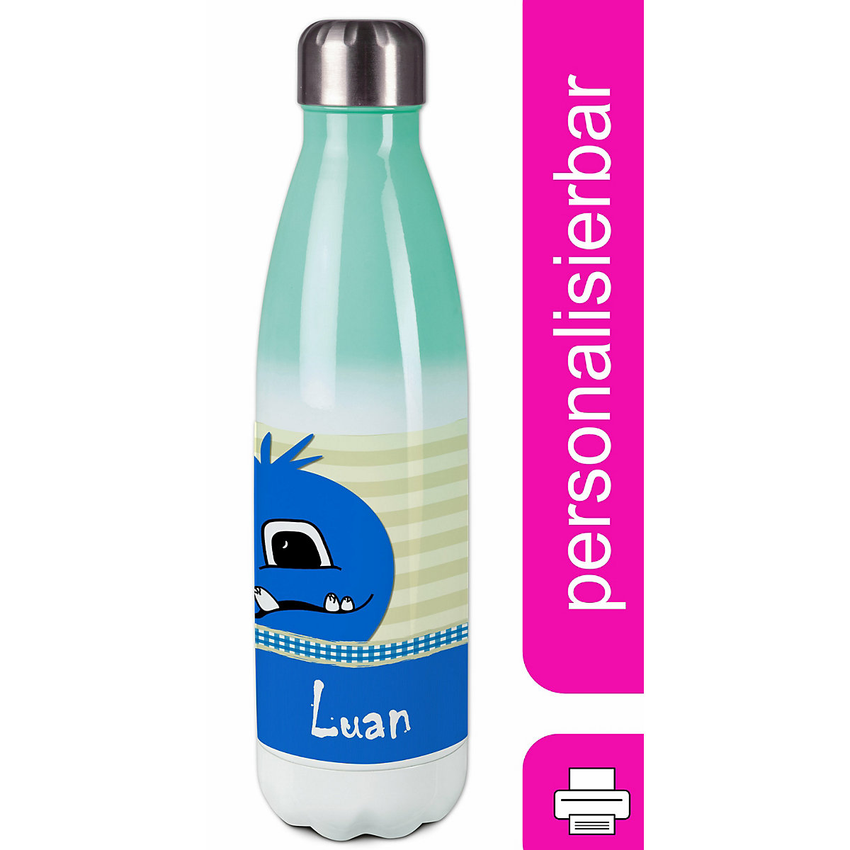 Edelstahl Kinder Thermoflasche / Trinkflasche bunt Monster Karo Farbe blau Spülmaschinenfest, Auslaufsicher, Bruchfest, Doppelwandig, Für Heißgetränke geeignet, Mit Deckel, Isoliert