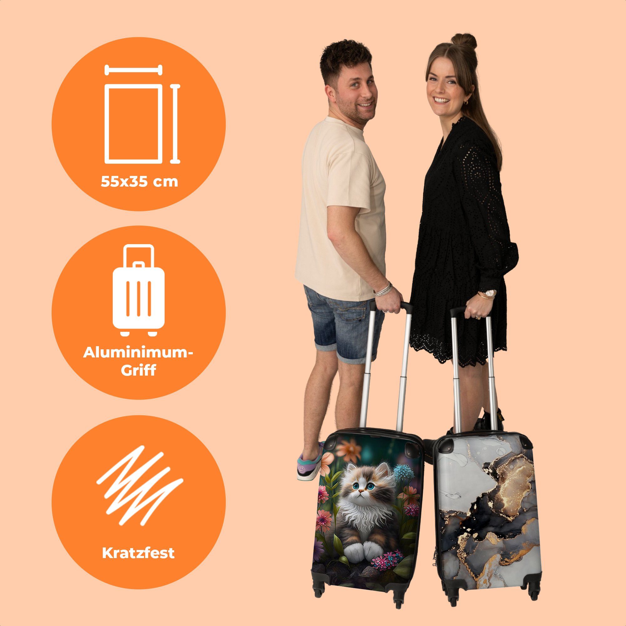 NoBoringSuitcases.com© Handgepäckkoffer 55x35x20cm Kätzchen - Illustration - Blumen - Natur - Katze, 4 Rollen, Handgepäck Trolley Rollkoffer Kleine Reisekoffer mit 4 Rollen - Cabin