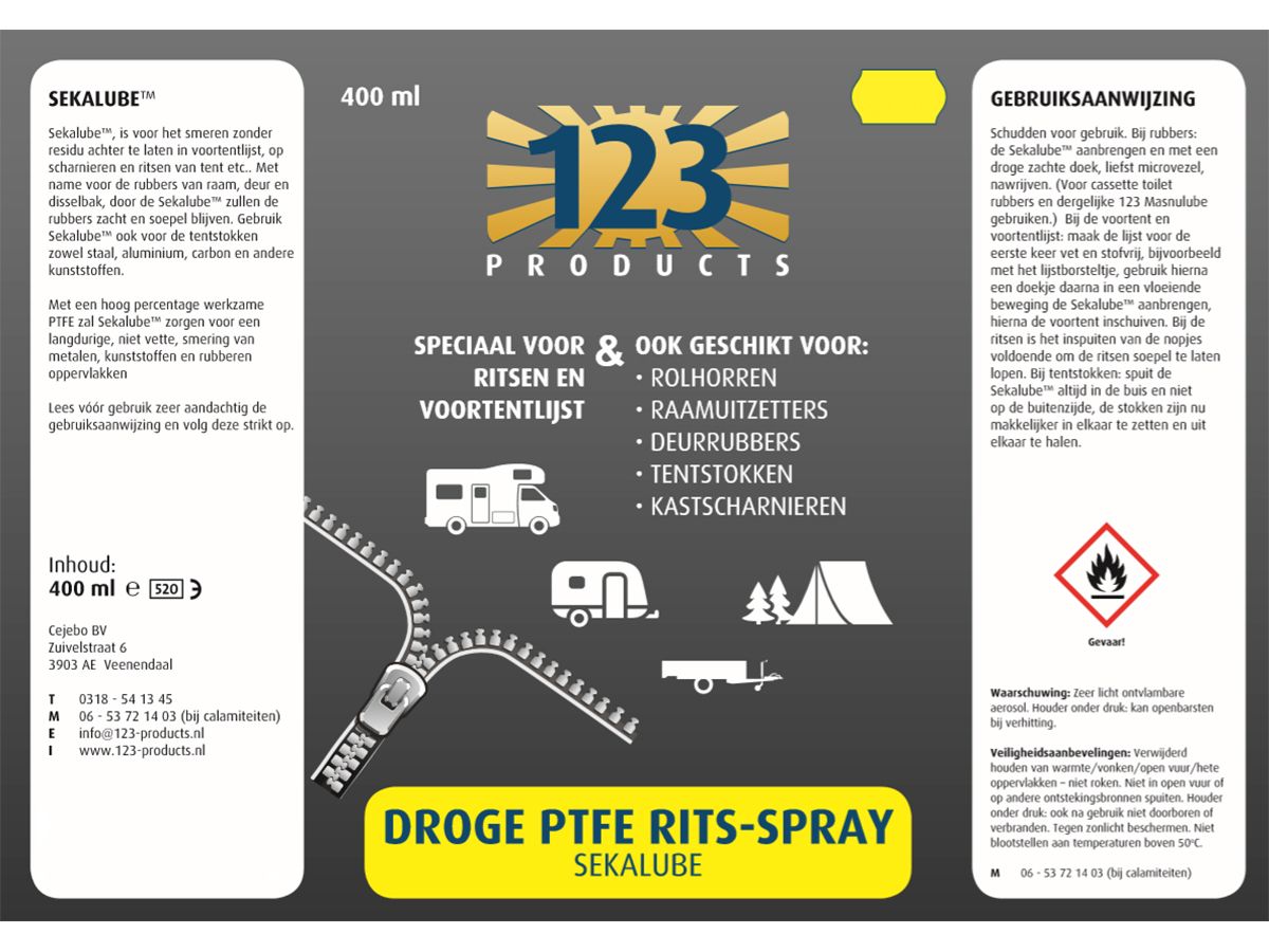 123 Products Sekalube PTFE Reißverschlussspray