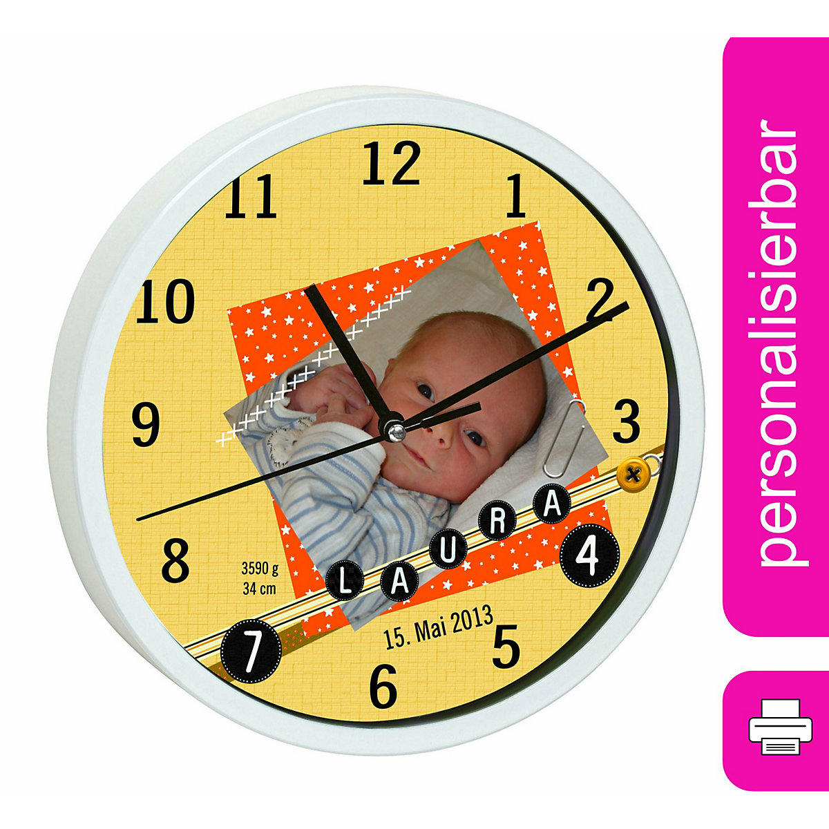 Kinder Wanduhr personalisiert mit Name Scrapbooking orange