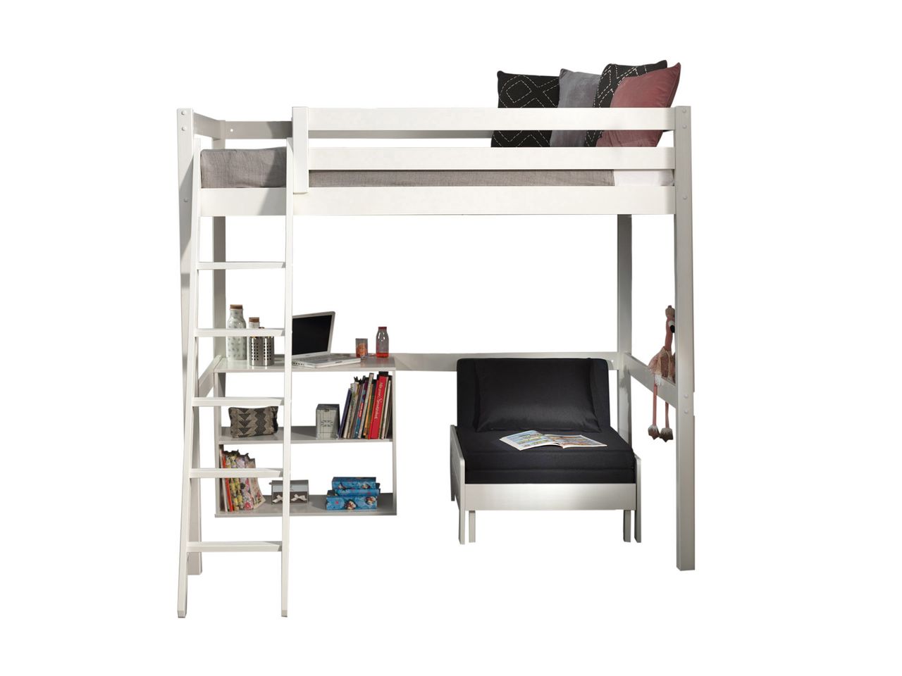 VIPACK Hochbett mit Liegefläche 140 x 200 cm inkl. Sesselbett und Regal mit zwei Fächern