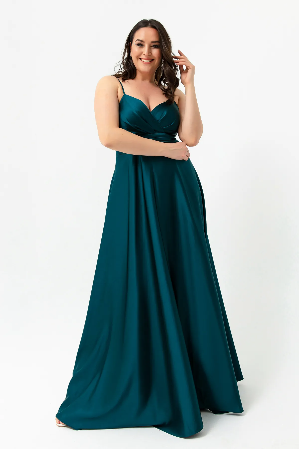 Lafaba  Damen-Abendkleid und Abschlusskleid aus Petrol in Übergröße mit Seilträgern aus Satin