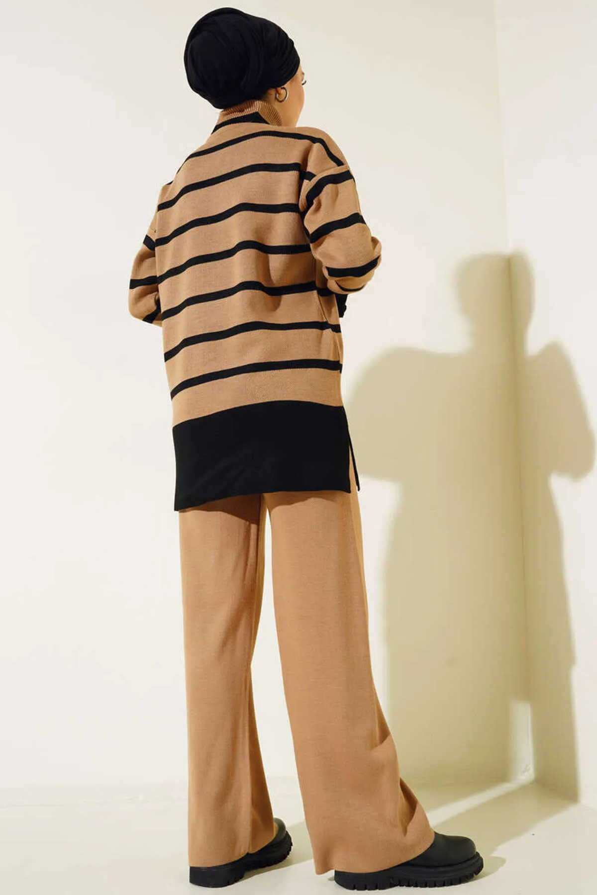 benguen  5112 Rollkragenpullover, gestreiftes Strick-Doppelset, Nerz