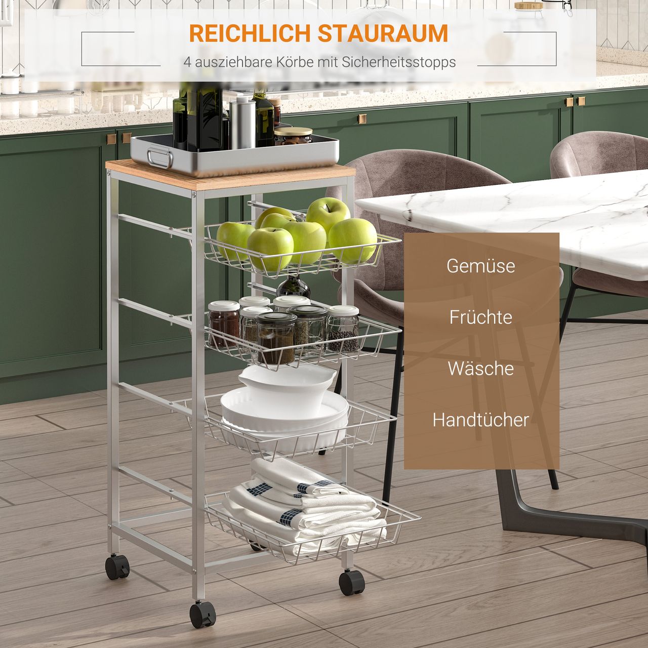 HOMCOM Servierwagen, Küchenwagen mit Metallkörben, Küchentrolley, Beistellwagen, Silber, 36,5 x 36,5 x 89 cm