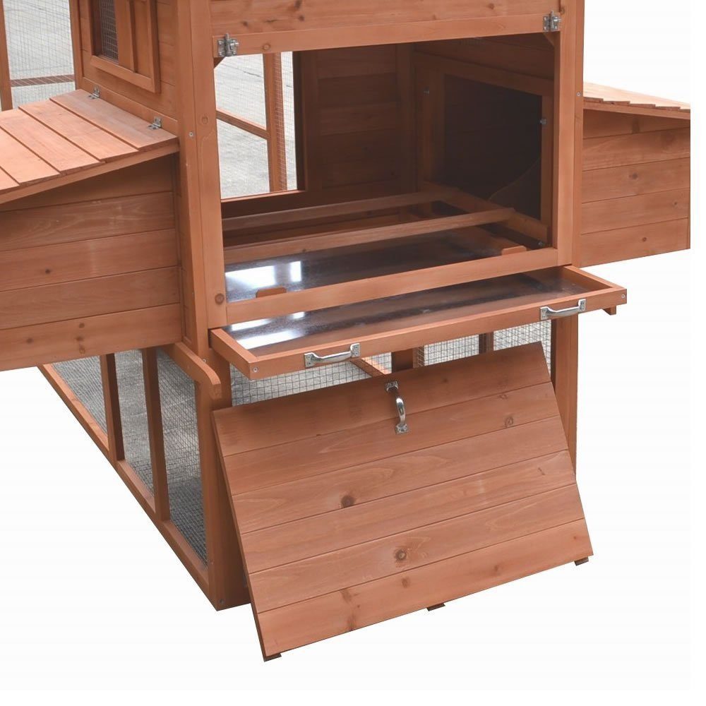 Melko Hühnerstall Geflügelstall Hasenstall Kaninchenkäfig Hühnerhaus XXL aus Holz in Braun mit Gitter, Türen, Freilauf und Überdachung für Hühner & Kleintiere, Freilauf