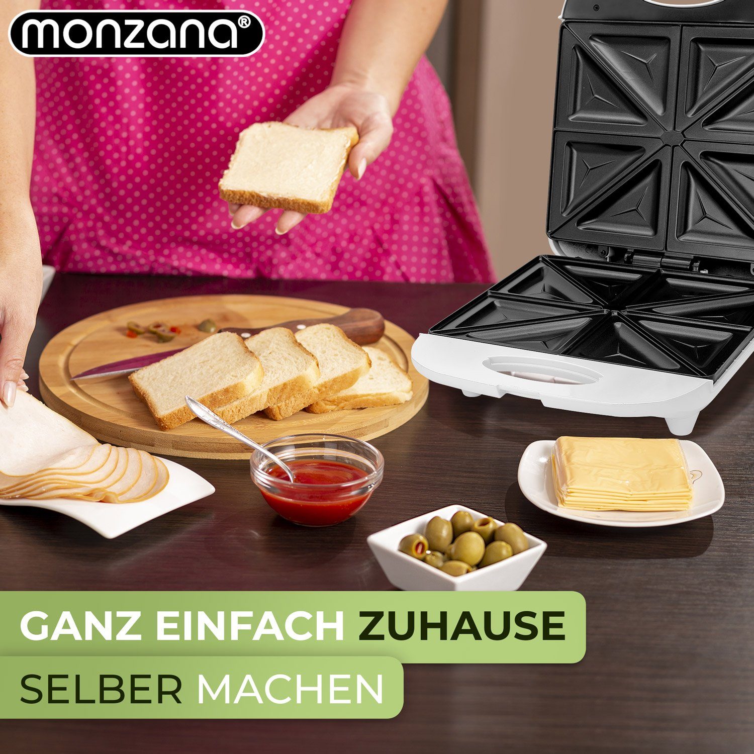 monzana Sandwichmaker, 1000 W, 4er XXL Antihaftbeschichtung Cool-Touch-Griff 1400W BPA-frei