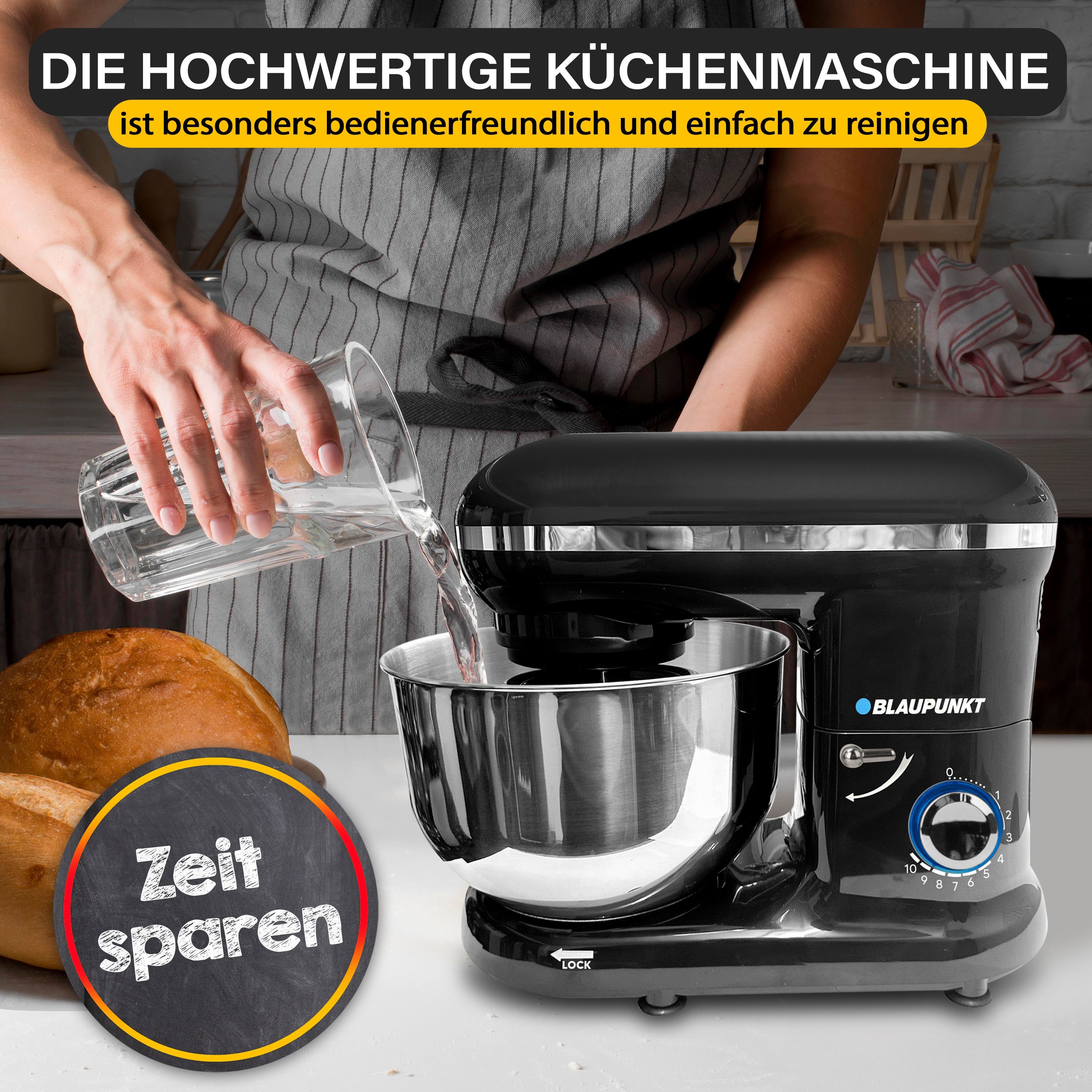 Blaupunkt Küchenmaschine MEN787 Küchenmaschine, Knetmaschine, Rührmaschine mit Knethaken, 1300 W, 5,50 l Schüssel, Edelstahl, 10 Stufen Mischen Schlagen Kneten, Knetmaschine für teig