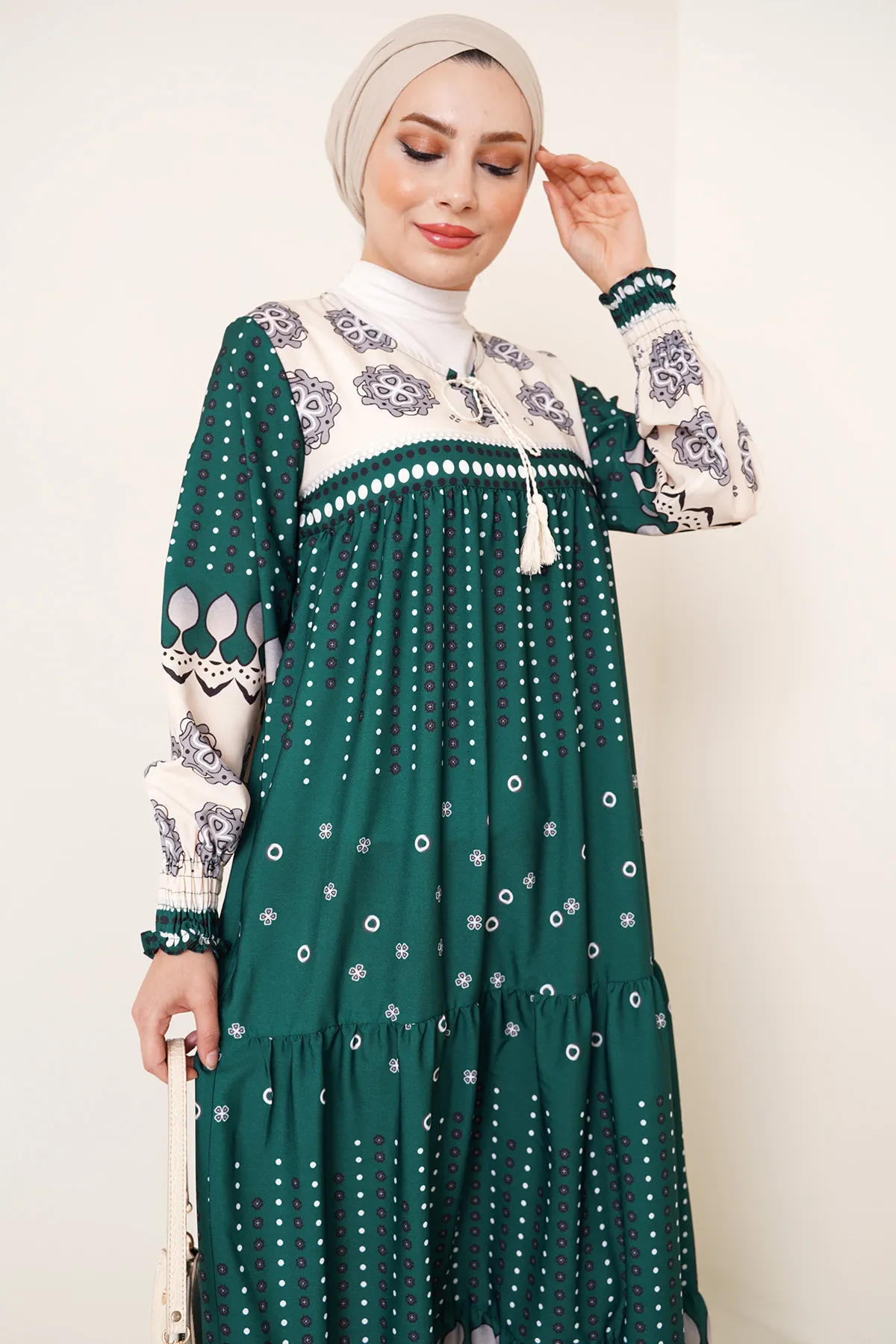 Bigdart  2175 Gemustertes Hijab-Kleid in voller Länge – Smaragdgrün