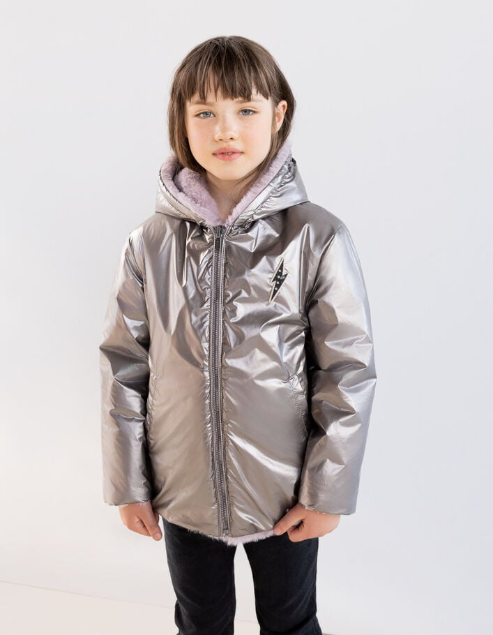 Doudoune réversible parme Sherpa et métallisé argent fille