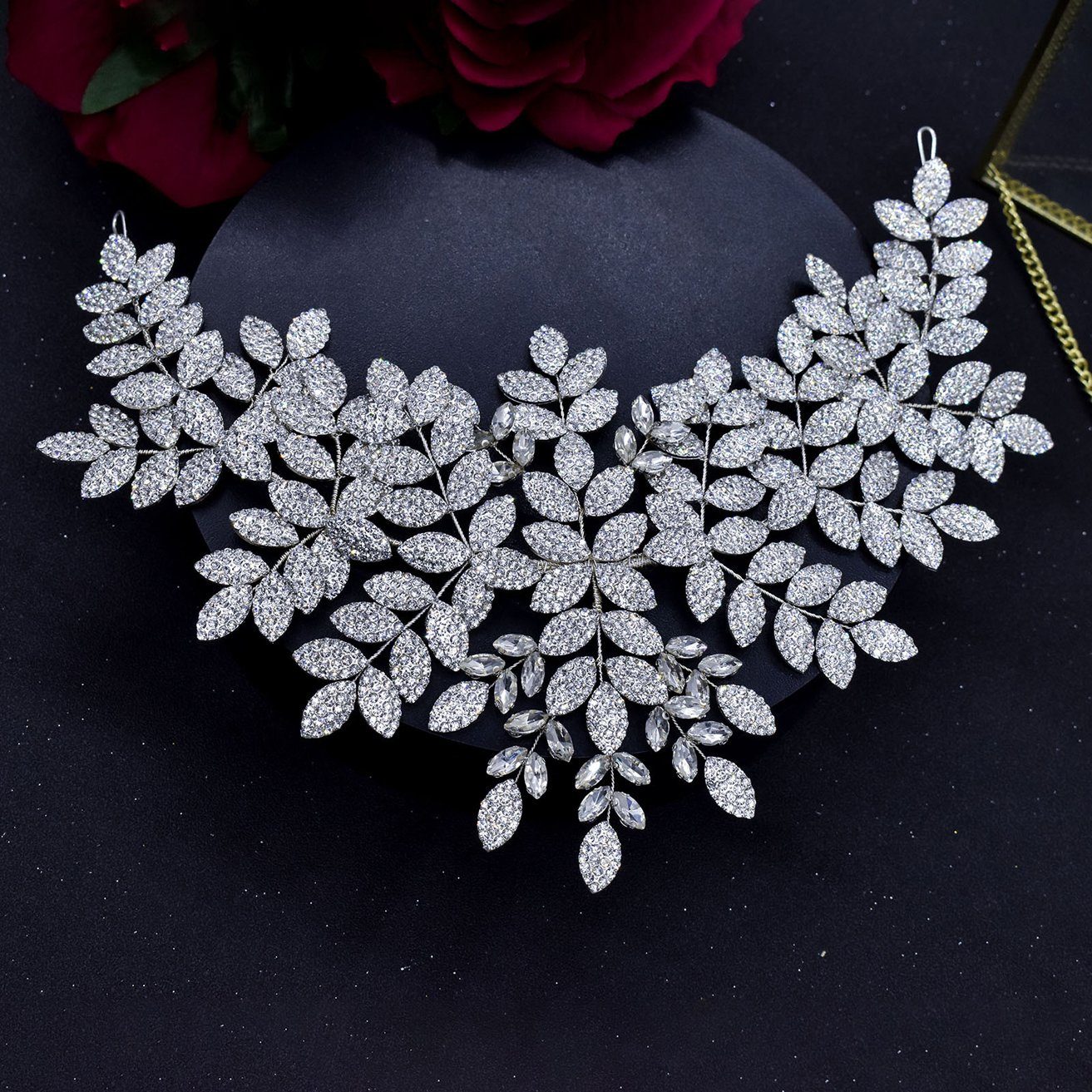 HOHEA H Haarband Kristall-Stirnband, Hochzeits-Haarschmuck, Braut-Haarschmuck, 1-tlg., Silberner Haarschmuck, Brauthaarnadeln, Kristallkrone, Silberne Kristall-Haarranke mit Blumenblatt-Haarschmuck