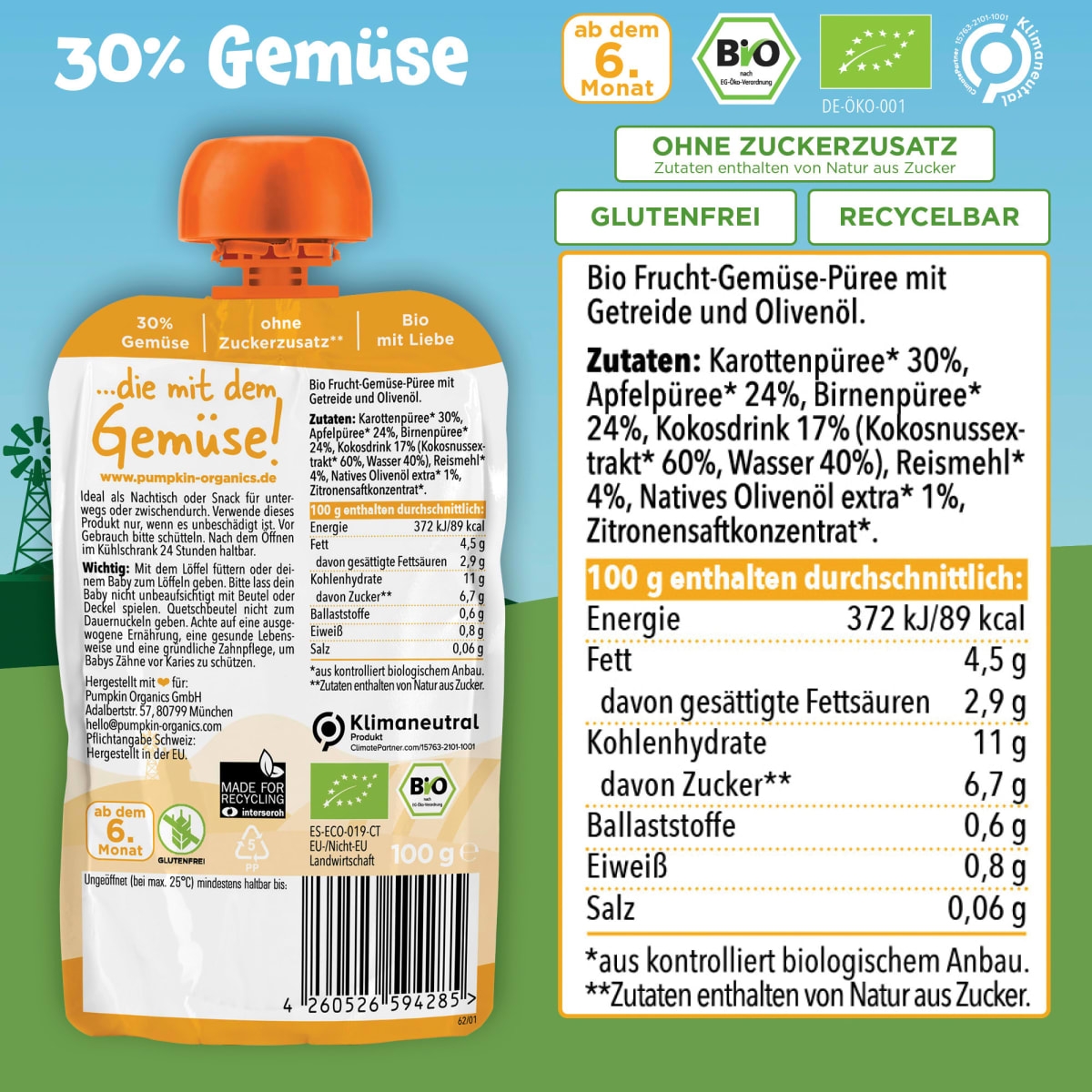Quetschie Karotte, Apfel, Birne, Kokos & Reis, ab 6 Monaten, 100 g