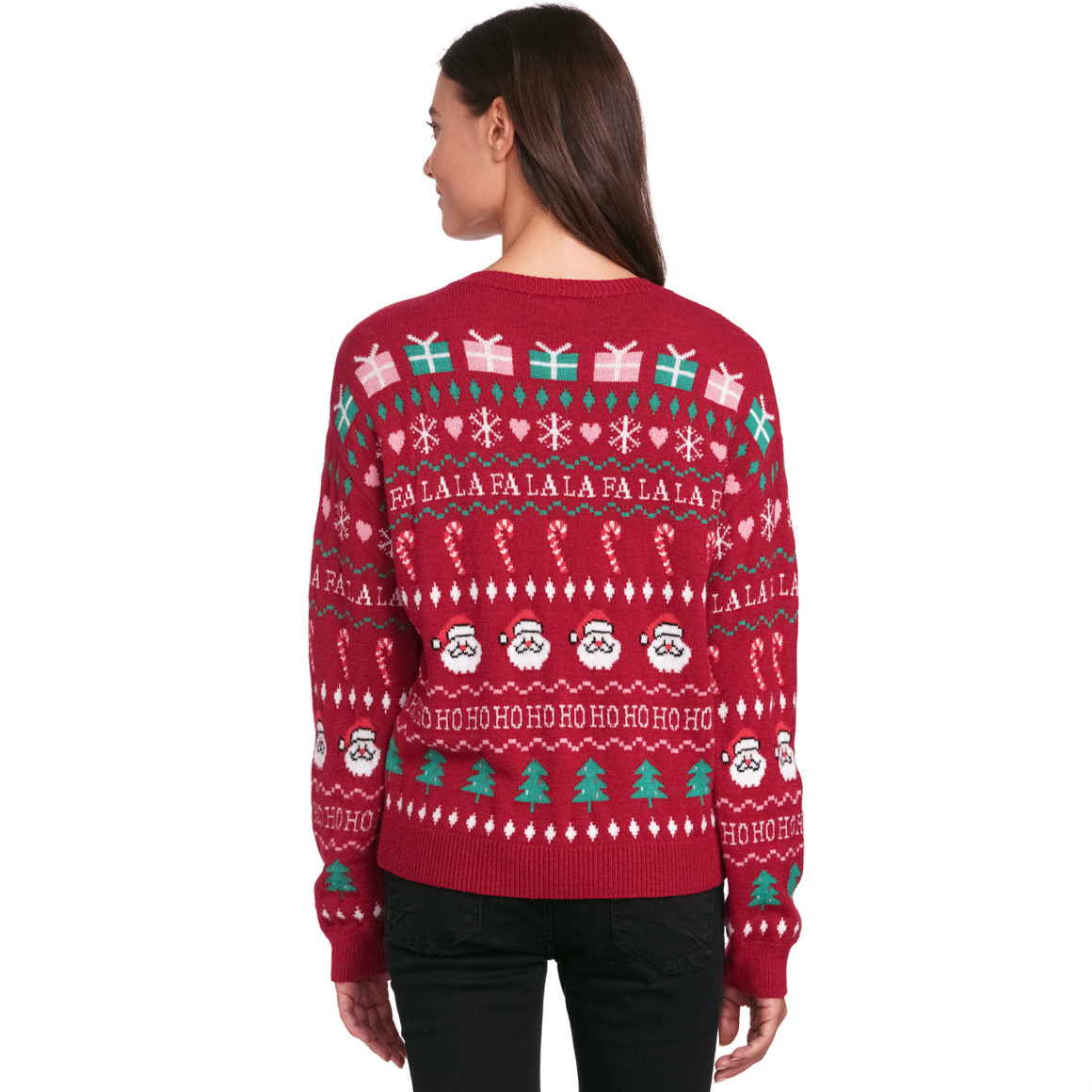 Damen Weihnachtspullover mit Allover-Motiv dunkelrot / grün / weiss