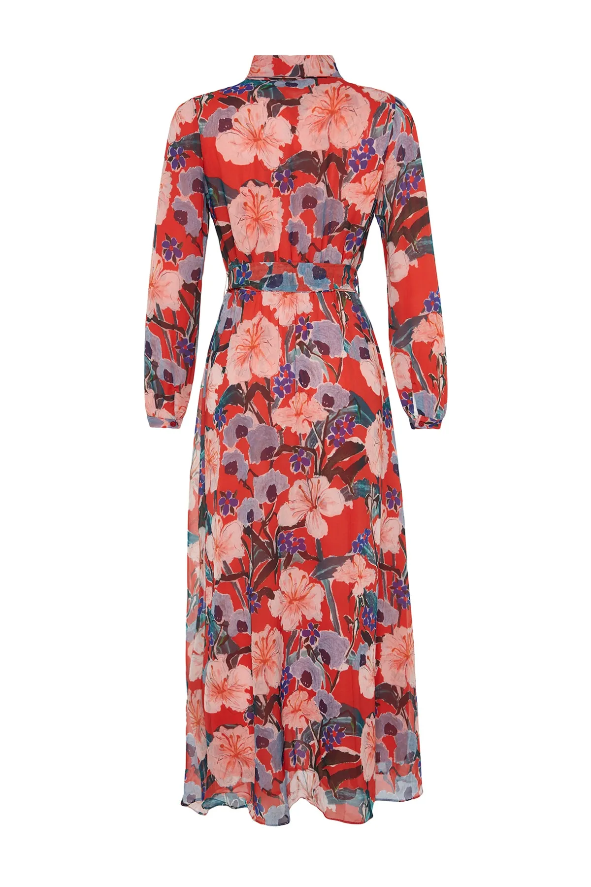 Trendyol Modest  Mehrfarbiges Kleid aus gewebtem Chiffon mit Hemdkragen, Blumendruck, Gürtel und Futter TCTSS22EB0035